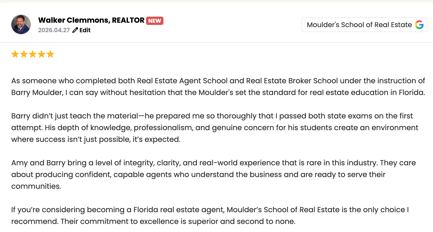 Testimonial review for Walker Clemmons, a realtor, praising Barry Moulder for his real estate education in Florida, his teaching effectiveness, and professionalism.