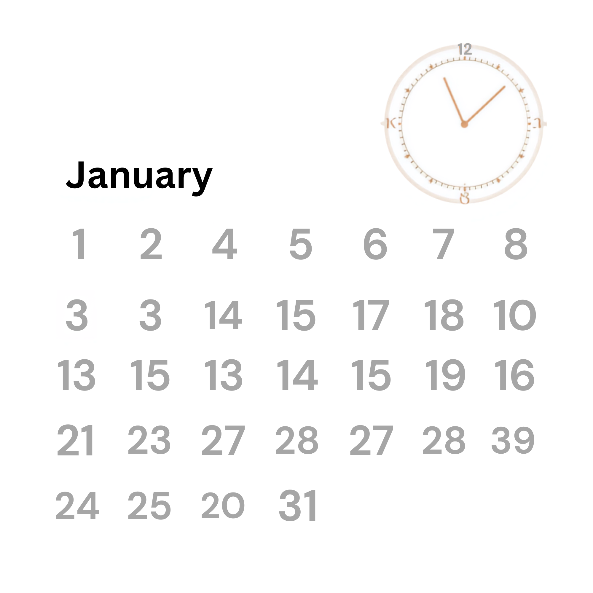 Calendar page displaying January with a clock positioned to show approximately 12:12.