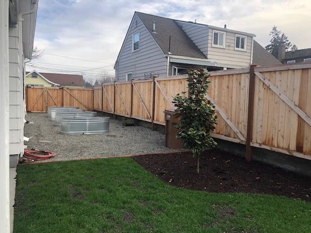 Backyard with a newly planted tree, gravel area with several raised garden beds, green lawn, and a wooden fence surrounding the yard.