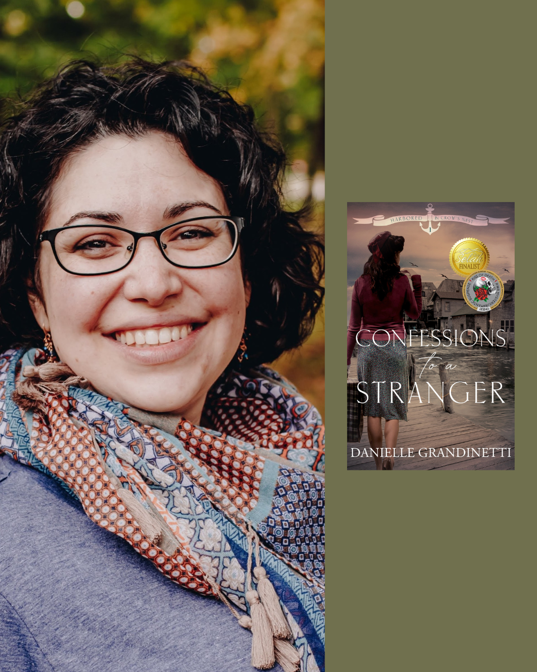 Smiling woman with dark hair, glasses, and patterned scarf, outdoors with blurred autumn trees in the background. Next to her, a book cover titled 'Confessions of a Stranger' by Danielle Grandinetti features a woman walking on a pier at sunset, with a house, flying birds, and awards or badges on the cover.