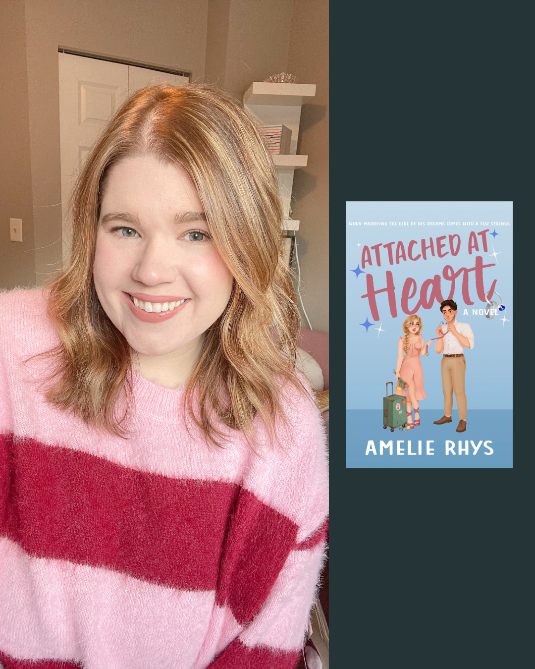 A smiling woman with light skin, shoulder-length wavy blonde hair, and blue eyes, wearing a pink and red striped fuzzy sweater, sitting in a room with a door, bookshelf, and wall decor behind her. To her right is a book cover titled 'Attached At Heart' by Amelie Rhys, featuring animated characters of a girl with blonde hair in a pink dress and a boy with dark hair in a white shirt, along with a suitcase and a heart-shaped balloon.