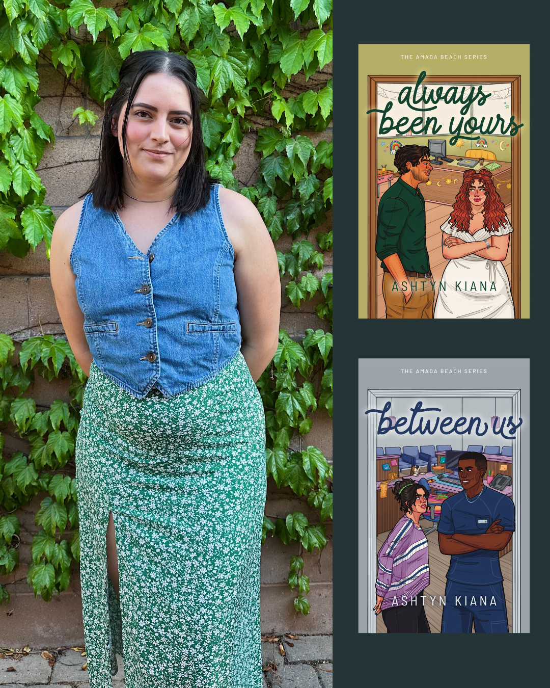 A young woman with dark hair wearing a sleeveless blue denim vest and a green floral skirt standing in front of a brick wall covered with green ivy.