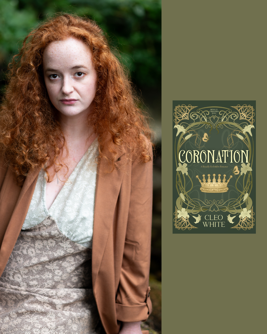 A woman with long, curly red hair and a septum piercing standing outdoors with green foliage in the background. She is wearing a beige and brown patterned dress and a brown blazer.