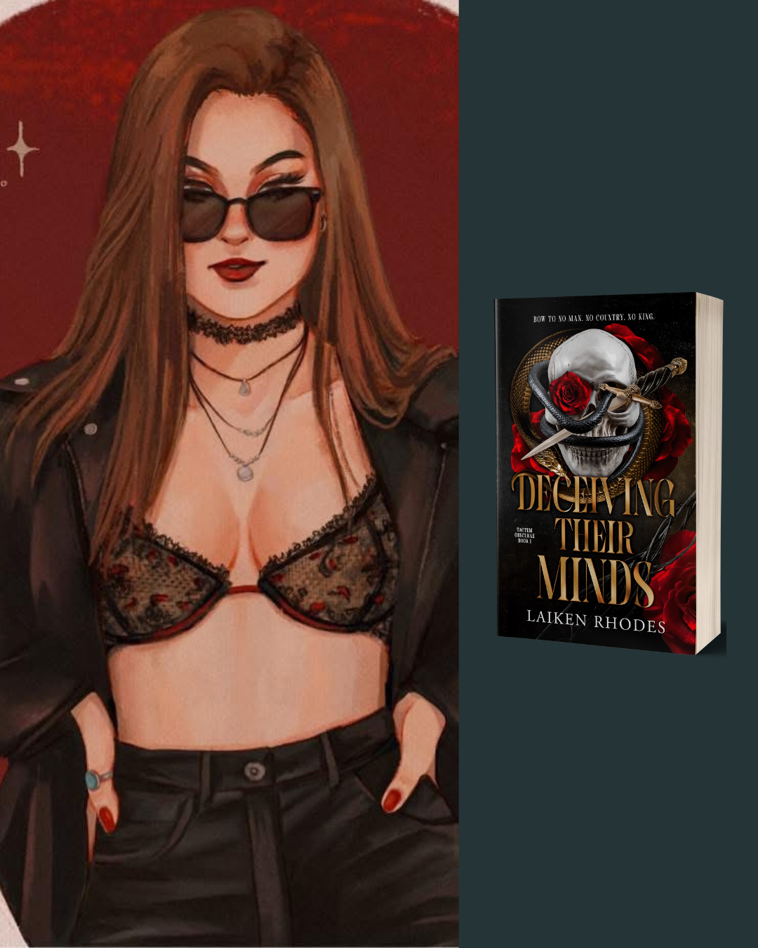 Digital illustration of a woman wearing dark sunglasses, a black lace bralette with red floral embroidery, a black leather jacket, and layered necklaces, standing against a deep red background. Next to her is a book titled 'Deciding Their Minds' by Laiken Rhodes, featuring a skull wrapped with a snake, roses, and a dagger on the cover.