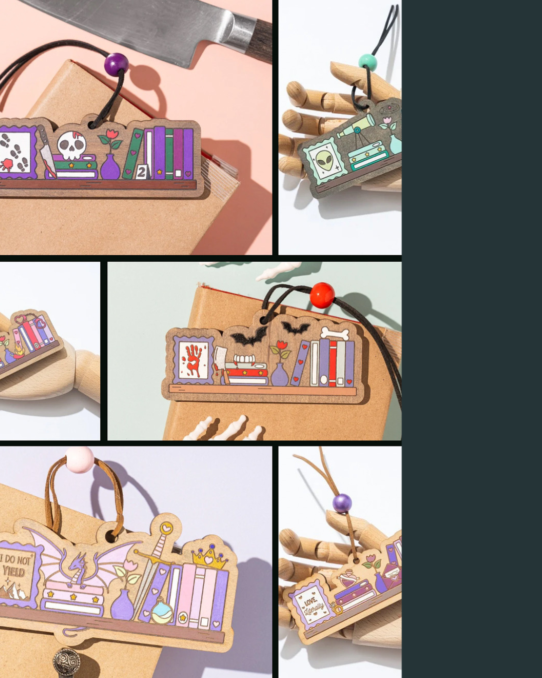 Collection of decorative bookmarks with various designs, featuring books, skulls, plants, bats, and whimsical elements arranged on different backgrounds and attached to strings or clips.