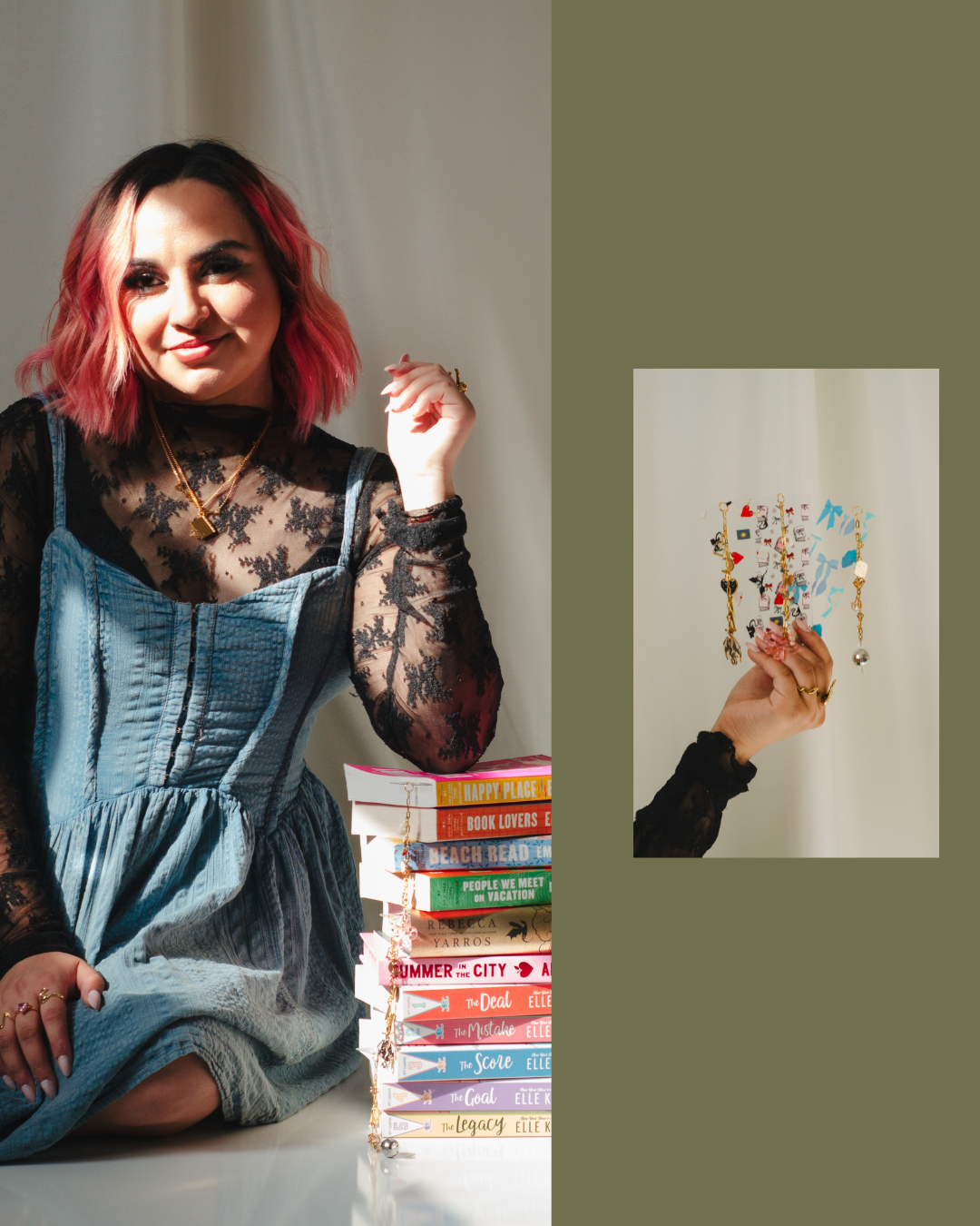 A young woman with pink hair and makeup is sitting on the floor next to a stack of colorful books. She is wearing a black lace top layered under a denim dress. She is smiling and holding a small jewelry piece in her left hand. Her right hand is resting on her knee. There is a jewelry piece draped over the stack of books. In a smaller inset image, a hand is holding a piece of jewelry with small charms and blue ribbon decorations, against a white background.