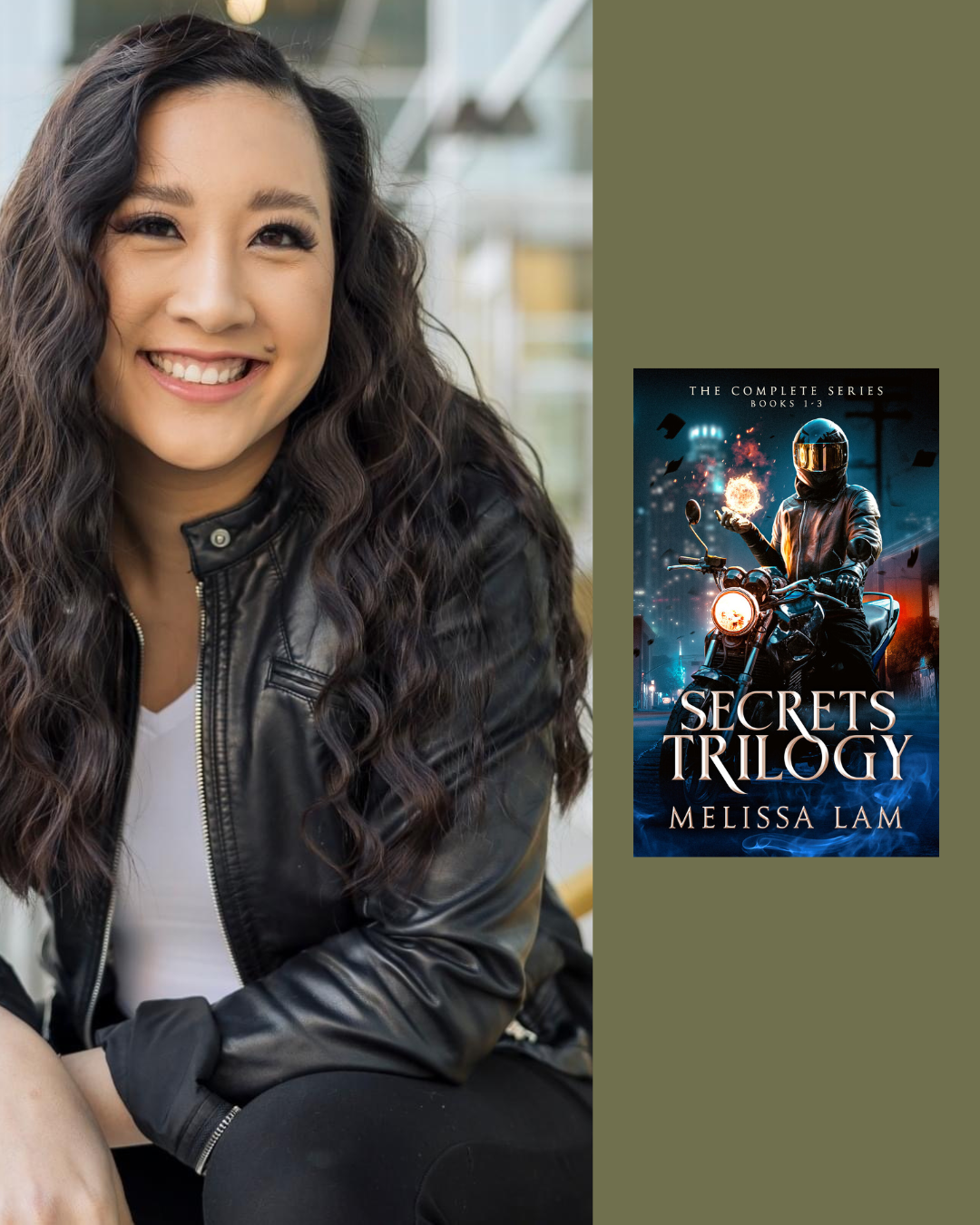 A woman with long, curly dark hair smiling and wearing a black leather jacket, sitting indoors.