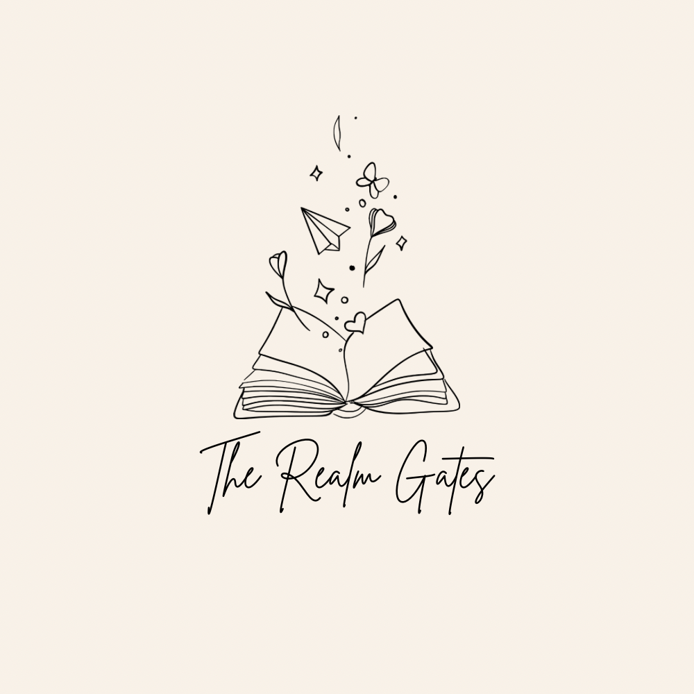 Minimalist line drawing of an open book with flying paper, flowers, stars, and sparkles above it, and the text 'The Realm Gates' below.