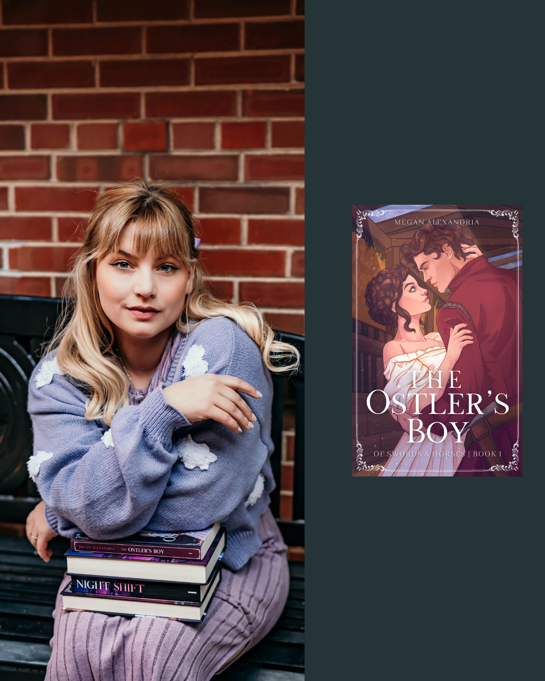 A woman with blonde hair sitting on a park bench, wearing a purple sweater with white patches, holding a stack of books, with a red brick wall in the background. The books include one titled "The Ostler's Boy".