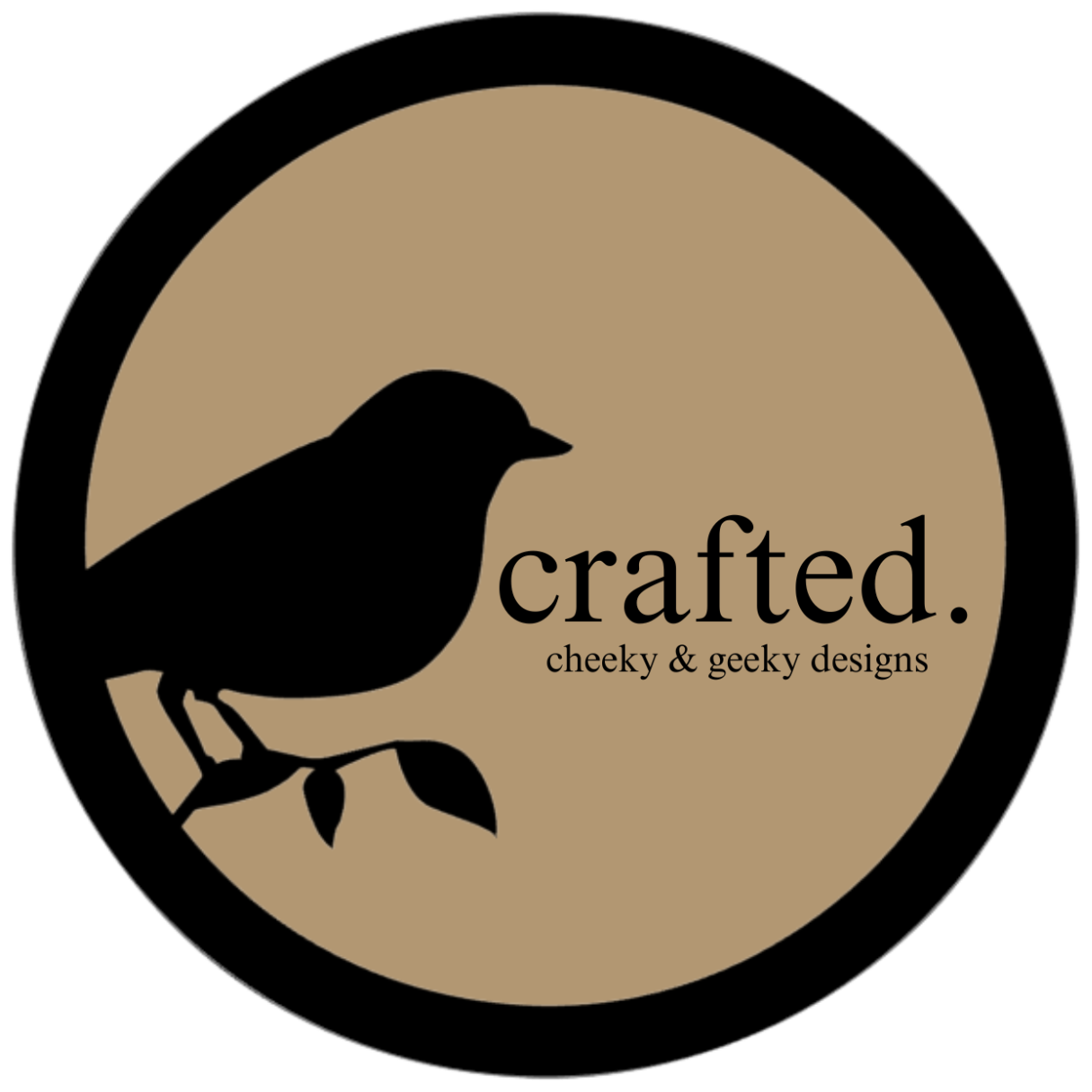 Logo for crafted. featuring a black bird silhouette on a brown circular background with the text "crafted. cheeky & geeky designs."