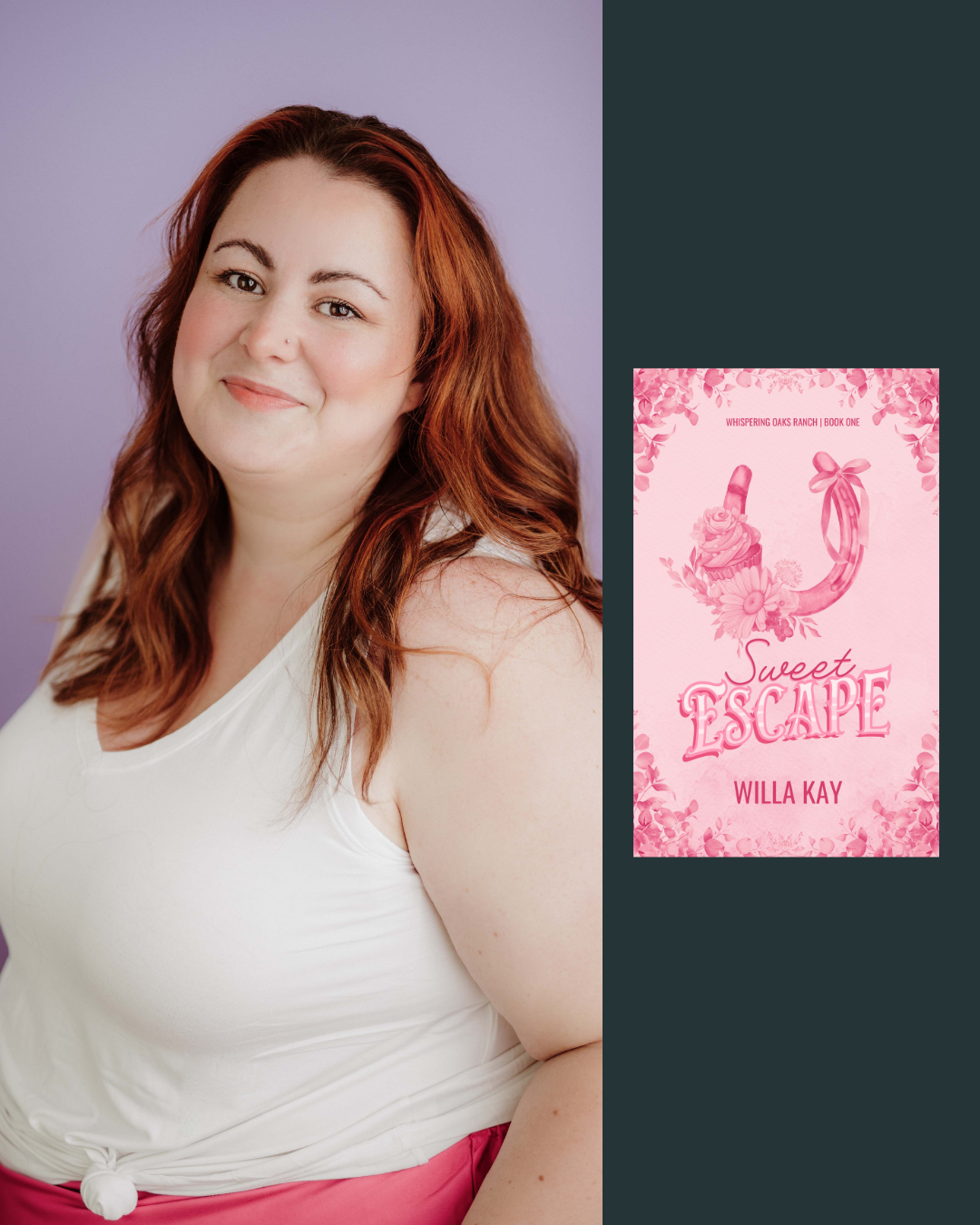 A woman with red hair, smiling, wearing a white sleeveless top and pink bottoms, standing against a lavender background. To her right is a pink book cover titled 'Sweet Escape' by Willa Kay, with a whimsical illustration of a horse made of cupcakes and flowers.