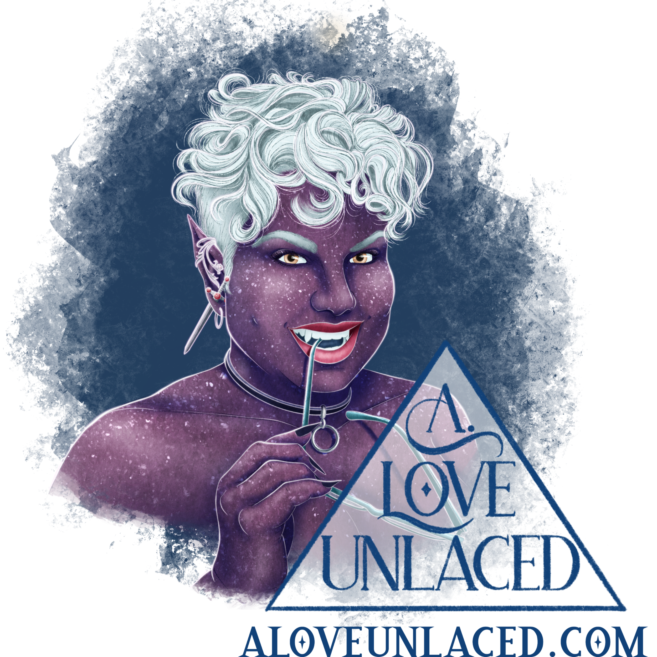 A stylized digital illustration of a galaxy-themed vampire with purple skin, white curly hair, and pointed ears, holding a triangle sign that reads "LOVE UNLACED" and smiling with sharp teeth.
