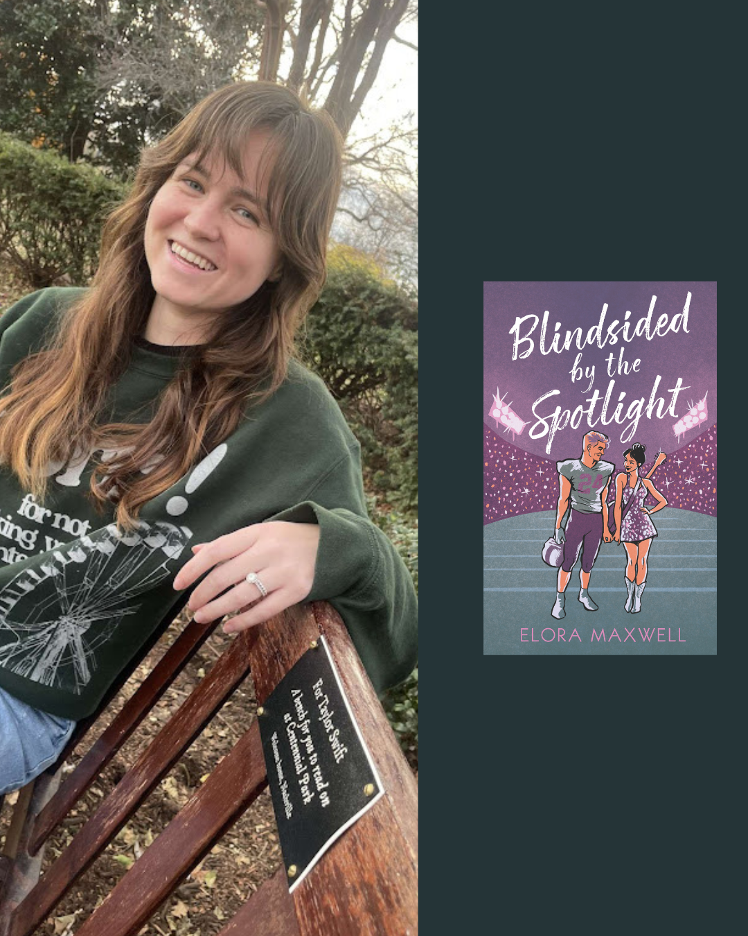 A smiling woman with long brown hair sitting outdoors on a park bench with greenery and trees in the background. She wears a dark green hoodie and a ring on her left hand.