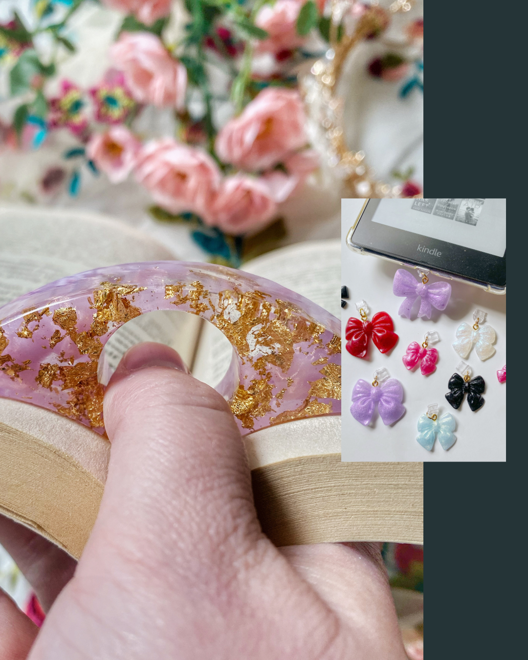 Close-up of a hand holding a transparent pink hair scrunchie with gold accents, with a backdrop of pink flowers and an open book. To the right, a small inset shows a collection of colorful bow-shaped charms and a Kindle e-reader with a purple bow charm hanging from it.