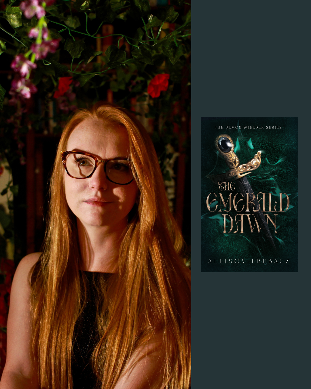 Portrait of a woman with long red hair and glasses, standing in front of a leafy background with pink and red flowers, next to a book cover titled 'The Crowned Down' by Allison Trebacz.