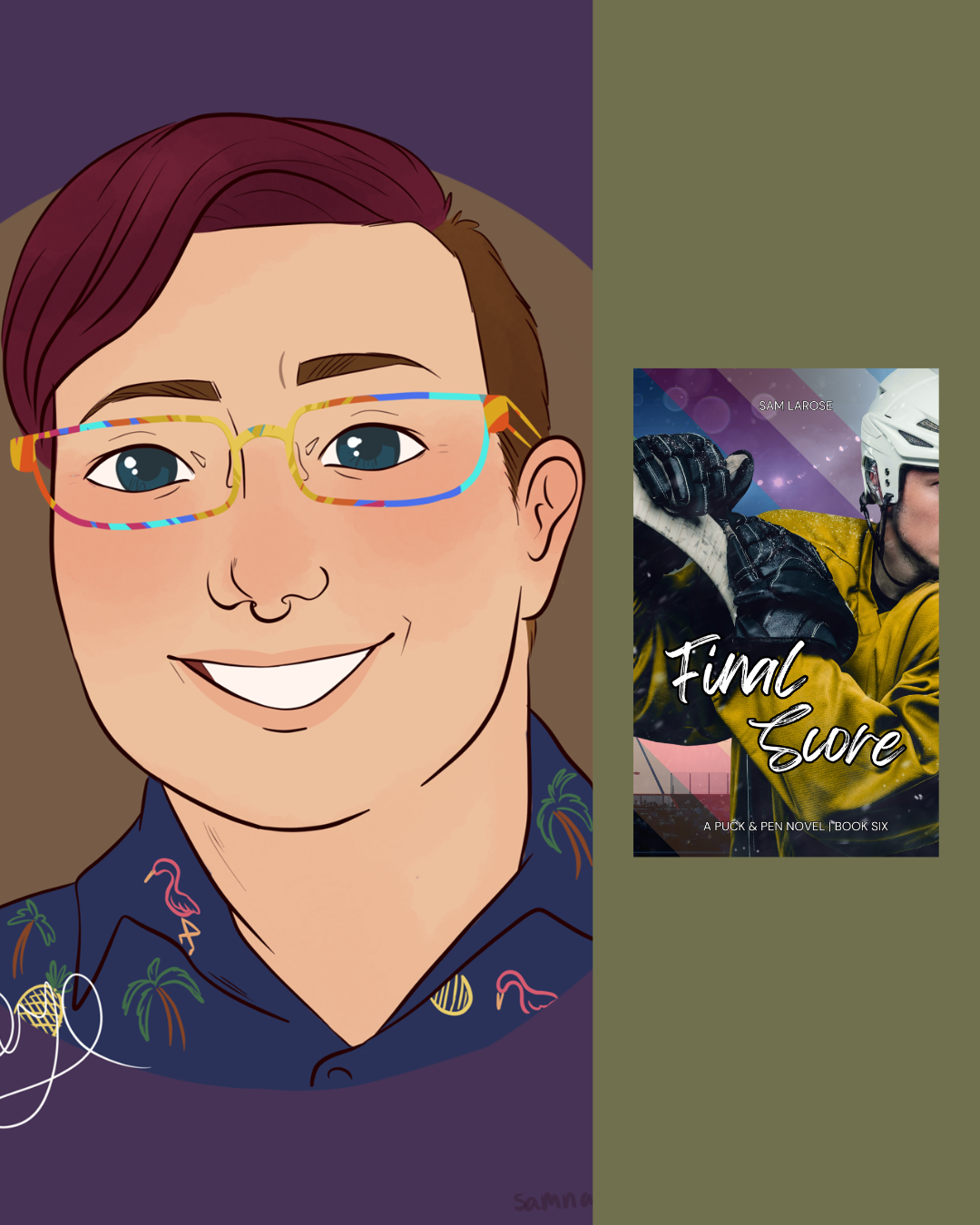 A digital illustration of a person with short reddish-brown hair, glasses with colorful frames, and a friendly smile. They are wearing a dark shirt with pineapple and flamingo patterns. To the right, there is a book cover titled "Final Score" featuring a hockey player in a yellow jersey with a helmet.