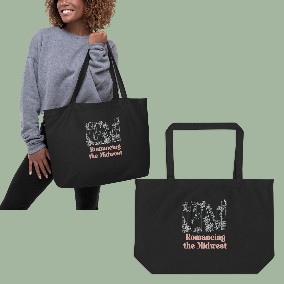 A smiling woman in a gray sweatshirt holding a black tote bag with floral text and the phrase "Romancing the Midwest"; another matching tote bag is on the side against a light green background.