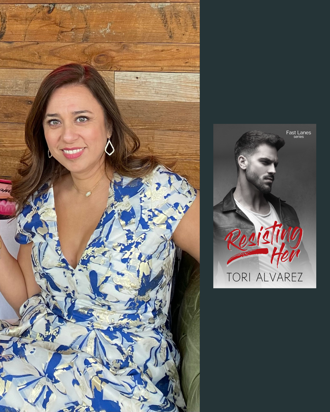 A woman with shoulder-length brown hair, wearing a blue and white patterned dress, silver earrings, and a necklace, sitting in front of a wooden wall, smiling at the camera, with a book or sign partially visible to her left, and a black and white book titled "Resisting Her" by Tori Alvarez on the right side.