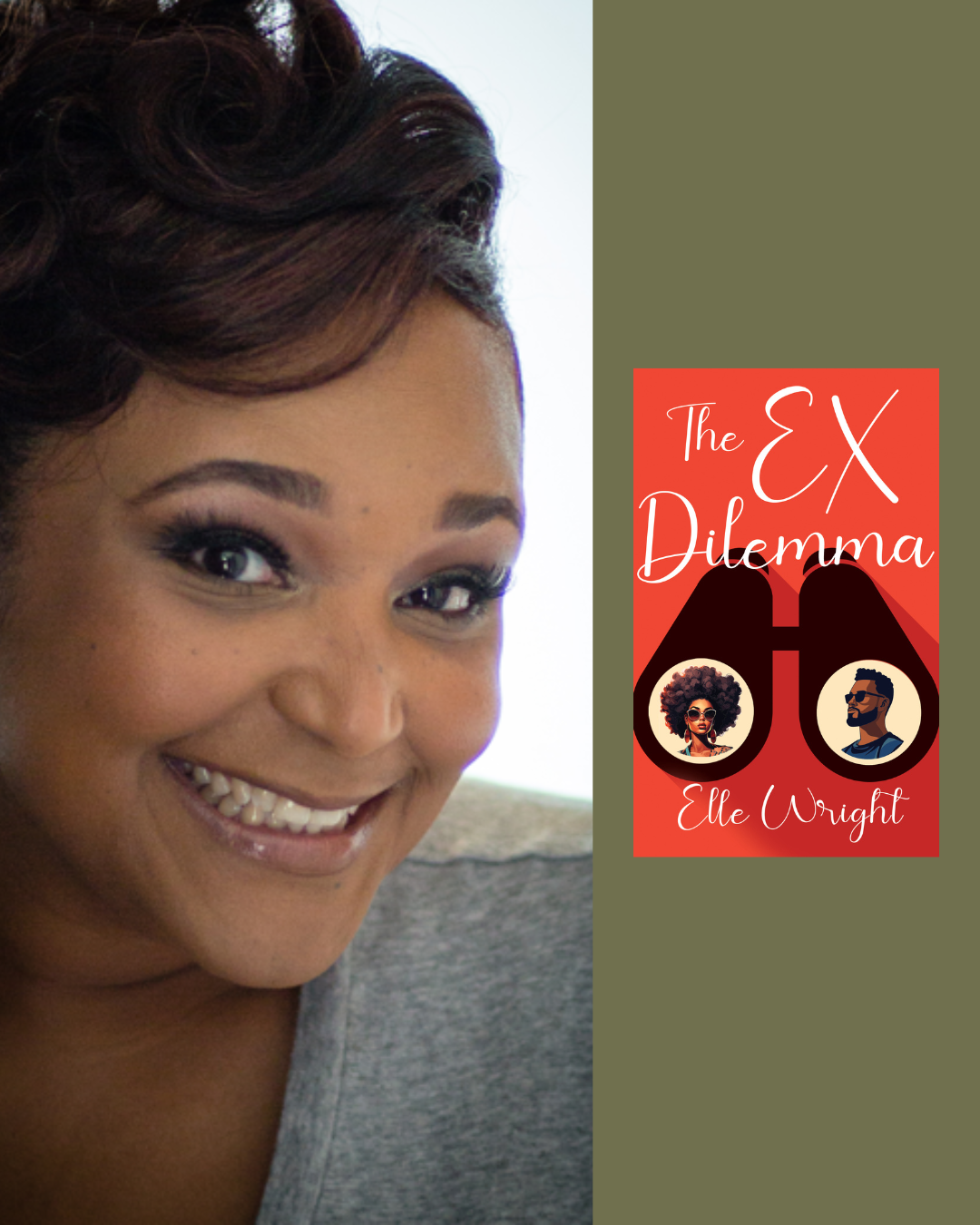 Close-up of a smiling woman with styled hair and makeup next to a book cover titled 'The Ex Dilemma' by Elle Wright, featuring illustrated portraits of a woman with curly hair and sunglasses and a man with a beard and sunglasses.