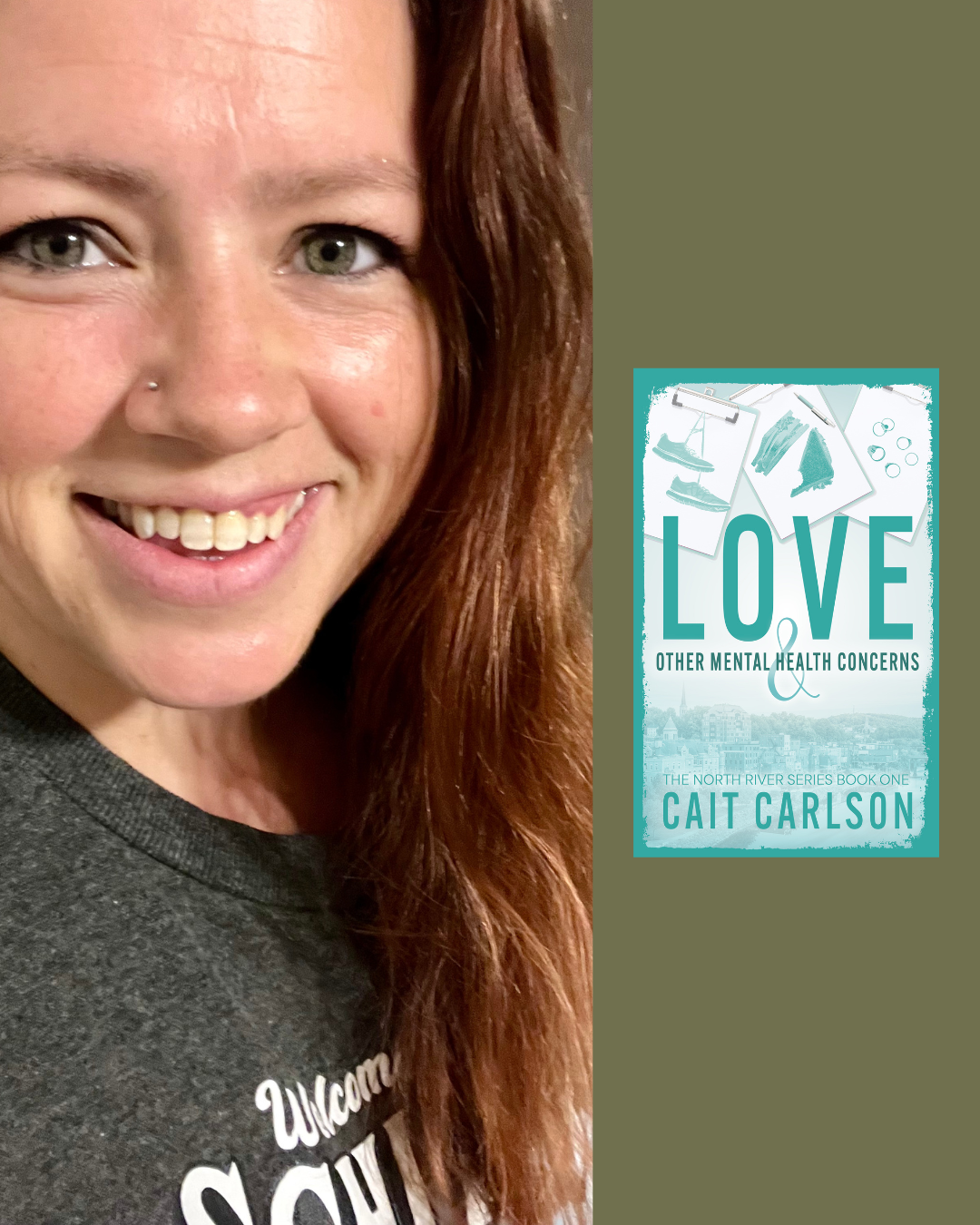 A smiling woman with red hair, wearing a dark gray shirt, standing next to a book cover titled 'Love & Other Mental Health Concerns' by Cait Carlson.