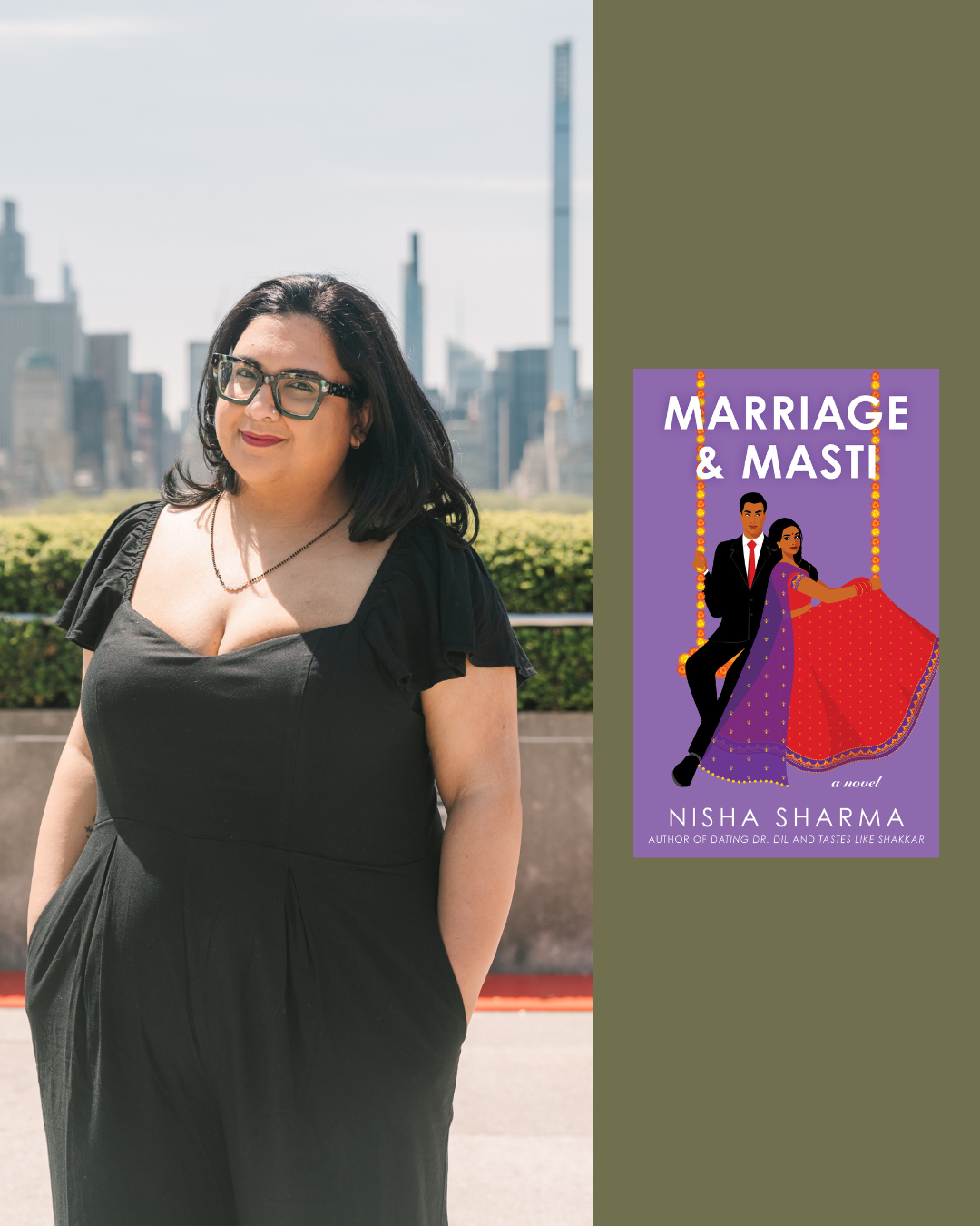 Photograph of a woman with dark hair, glasses, and a black dress, standing outdoors in front of a city skyline with tall buildings.
