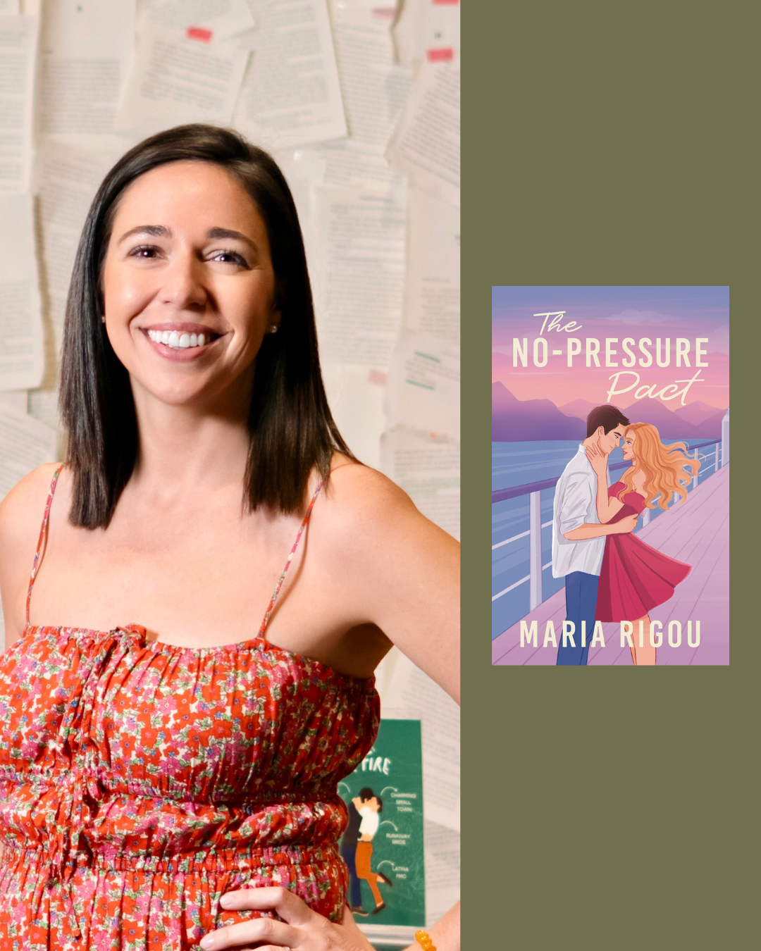 A woman with shoulder-length dark hair, wearing a colorful floral dress, smiling, standing in front of a wall covered with various papers and documents. Next to her, a book titled 'The No-Pressure Pact' by Maria Rigou is displayed.
