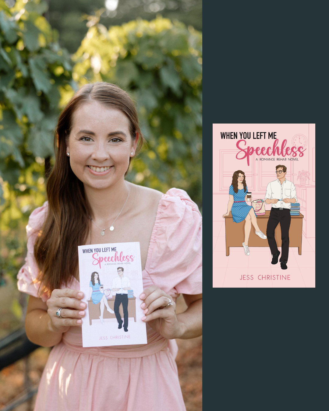 A woman with long brown hair wearing a pink dress holds a book titled 'When You Left Me Speechless' by Jess Christine, smiling outdoors with green foliage in the background.