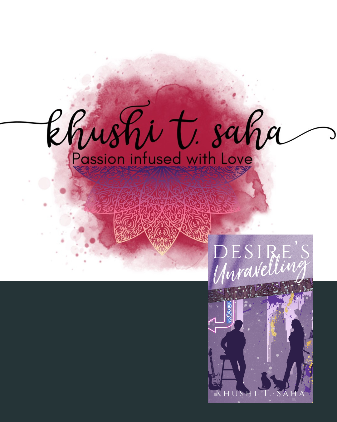 Book cover featuring a purple background with silhouettes of a man and woman, a dog, a guitar, and cityscape. Title reads 'Desire's Unravelling' by Khushi T. Saha.