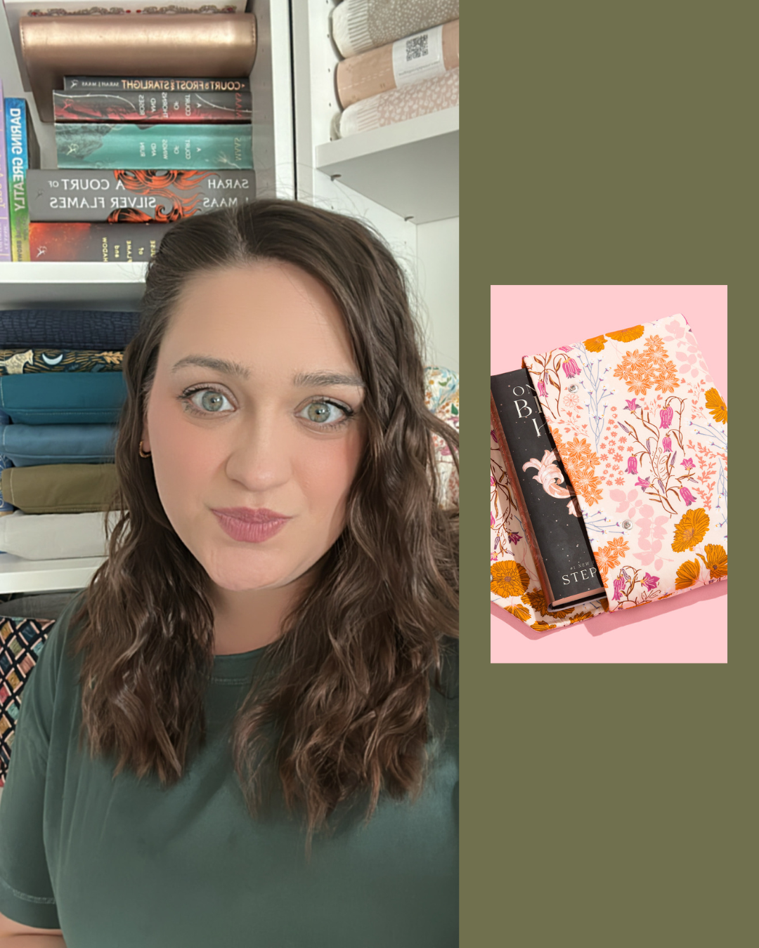 Woman with brown wavy hair and green eyes standing in front of a bookshelf filled with books and fabric swatches.