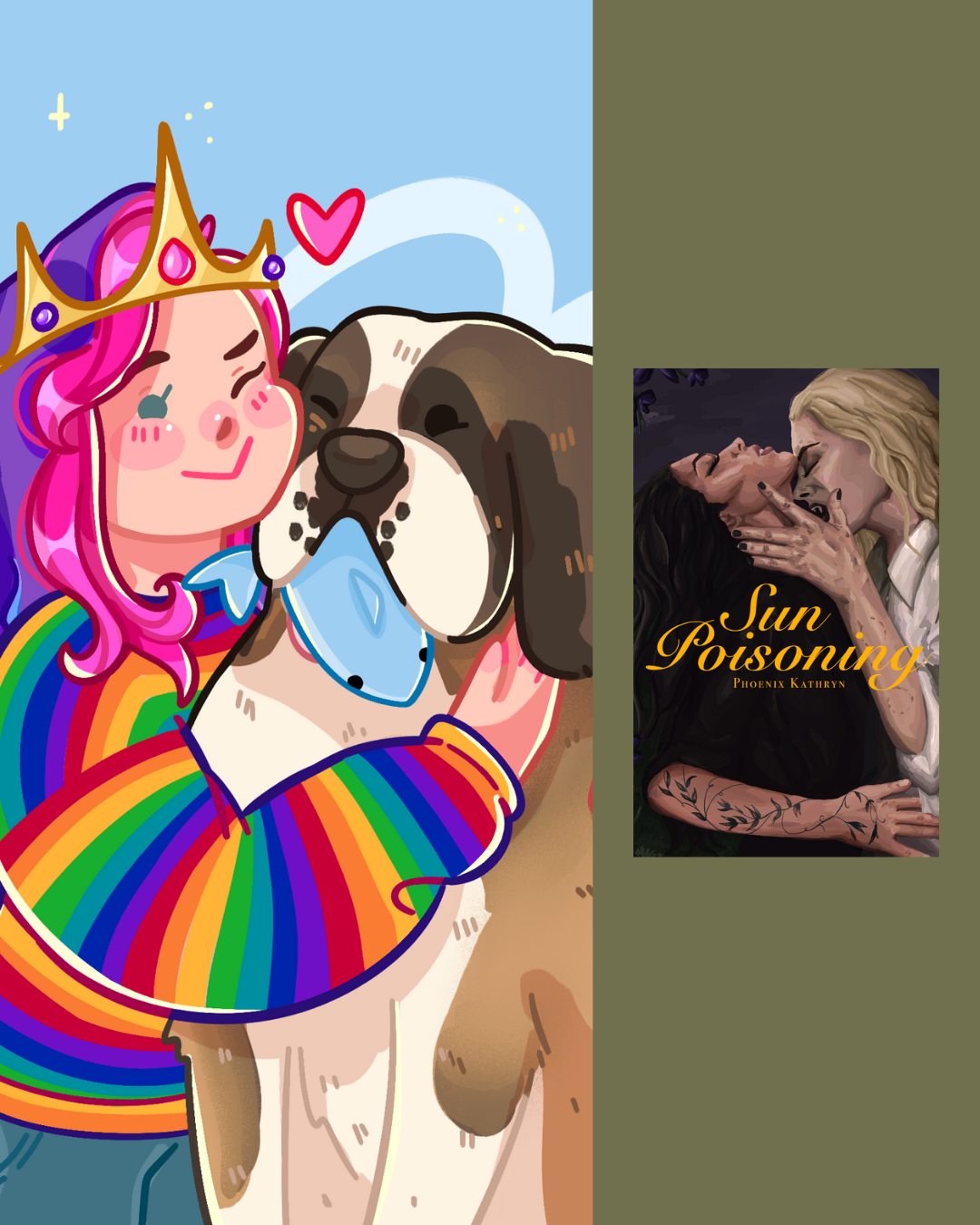 Cute cartoon girl with pink and purple hair, wearing a rainbow-colored sweater and a golden crown, hugging a large Saint Bernard dog with a blue tongue against a light blue sky background.