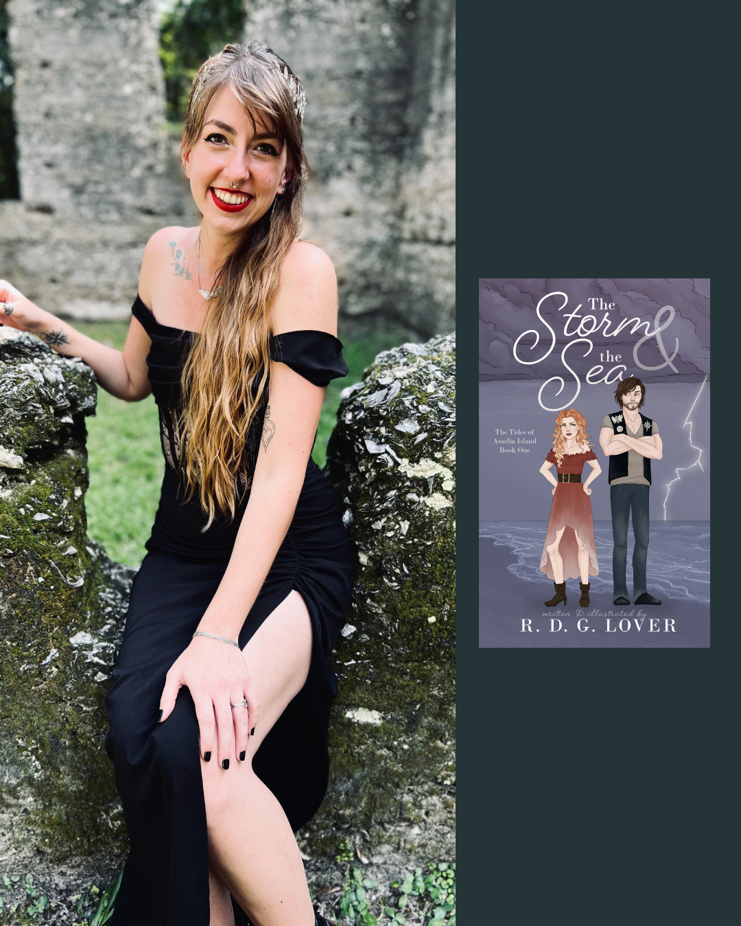 A woman with long wavy hair, tattoos, and red lipstick posing outdoors with a smile, wearing a black off-shoulder dress, sitting on moss-covered rocks.