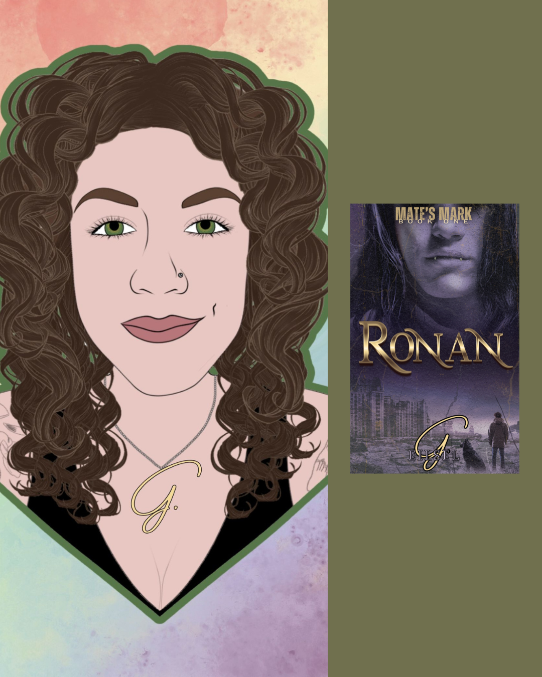 A digital illustration of a woman with curly brown hair, green eyes, and a nose piercing, wearing a necklace with a gold initial 'G'. Next to her is a book cover titled 'Ronan' by Mate's Mark, featuring a dark, moody image of a person with long hair and a cityscape in the background.