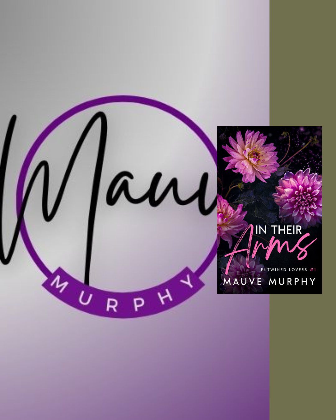 Book cover titled "In Their Arms" by Mauve Murphy, featuring purple and pink flowers with a dark background.