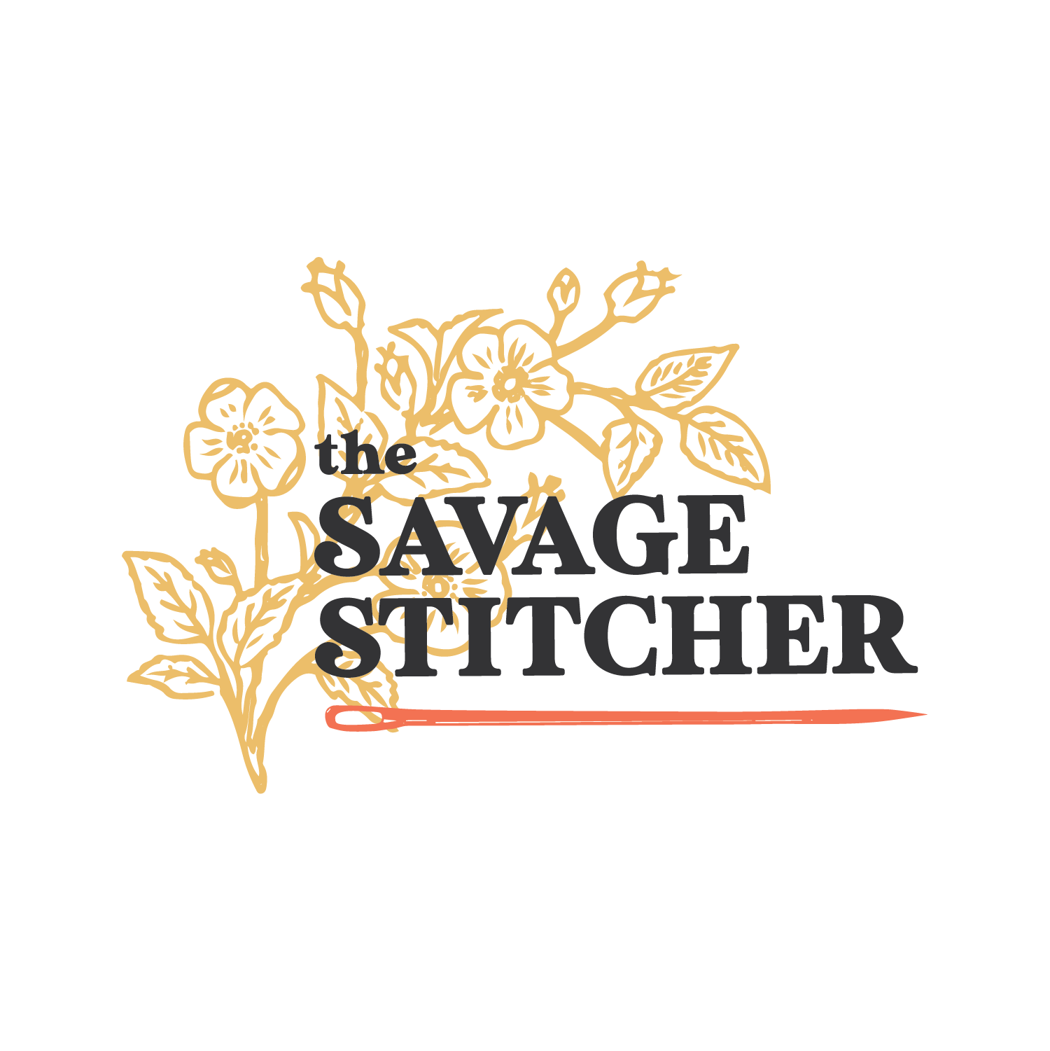Logo for The Savage Stitcher featuring a floral illustration and a sewing needle.
