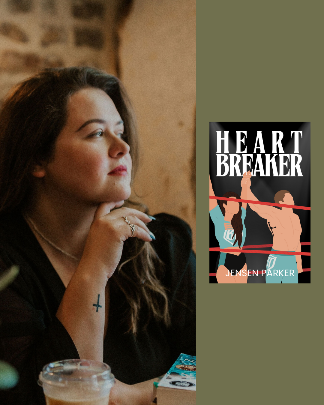 A woman with long brown hair and piercings, sitting at a table, resting her chin on her hand, with a serious expression. Next to her is a book titled 'Heartbreaker' by Jensen Parker.
