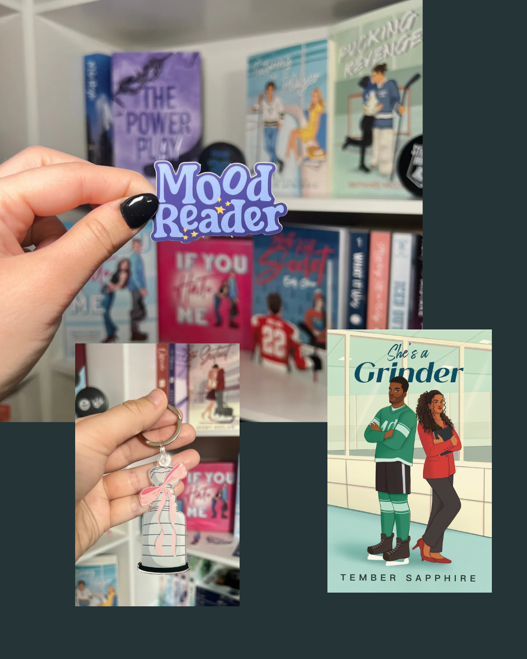 A person holding a purple 'Mod Reader' sticker, with books about medical themes in the background, a keychain with a cupcake design, and a book titled 'She's a Grinder' by Tember Sapphire.