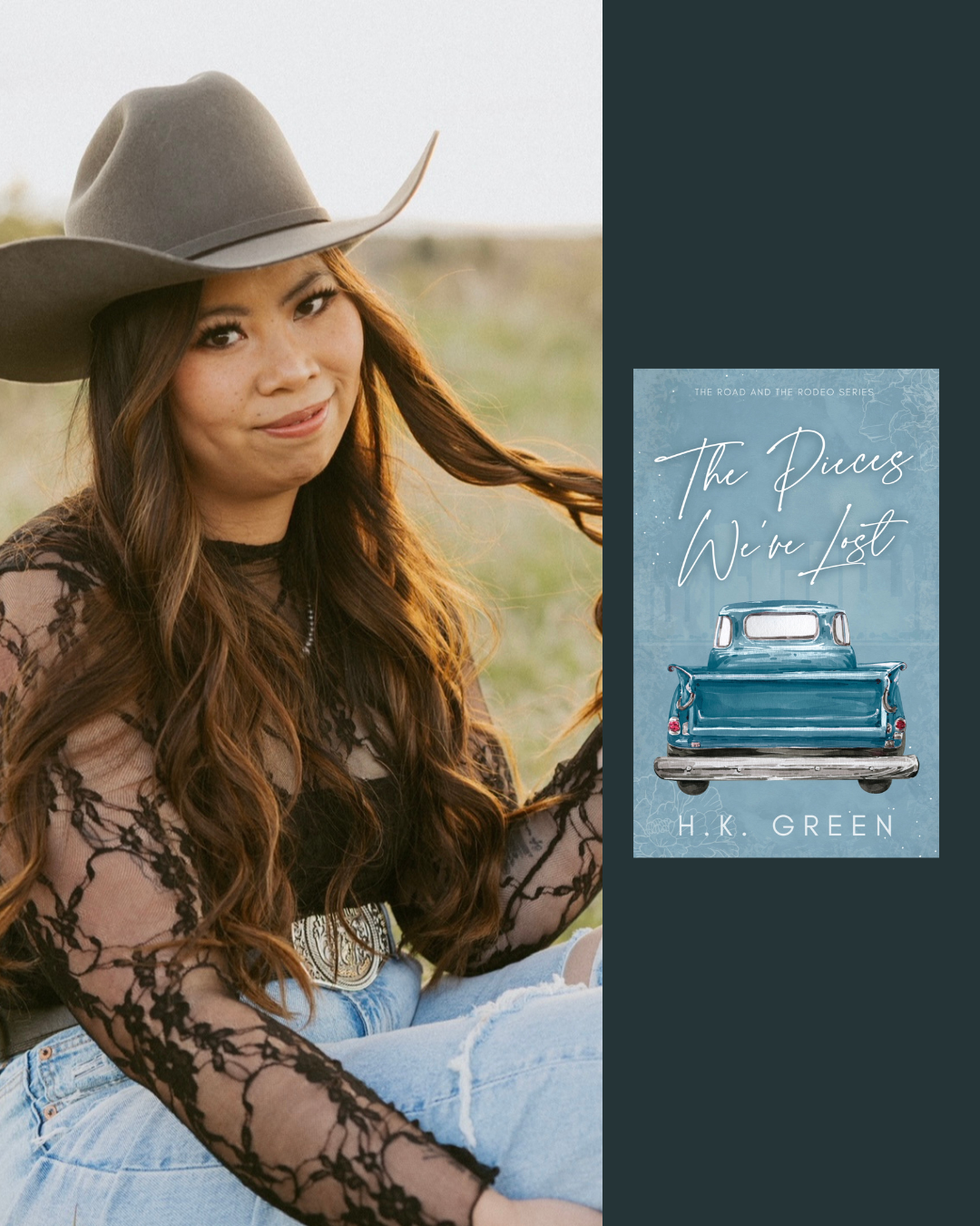 A woman with long brown hair wearing a wide-brimmed gray hat with a cowboy style, a black lace long-sleeve top, and ripped jeans, sitting outdoors on a grassy field during sunset.