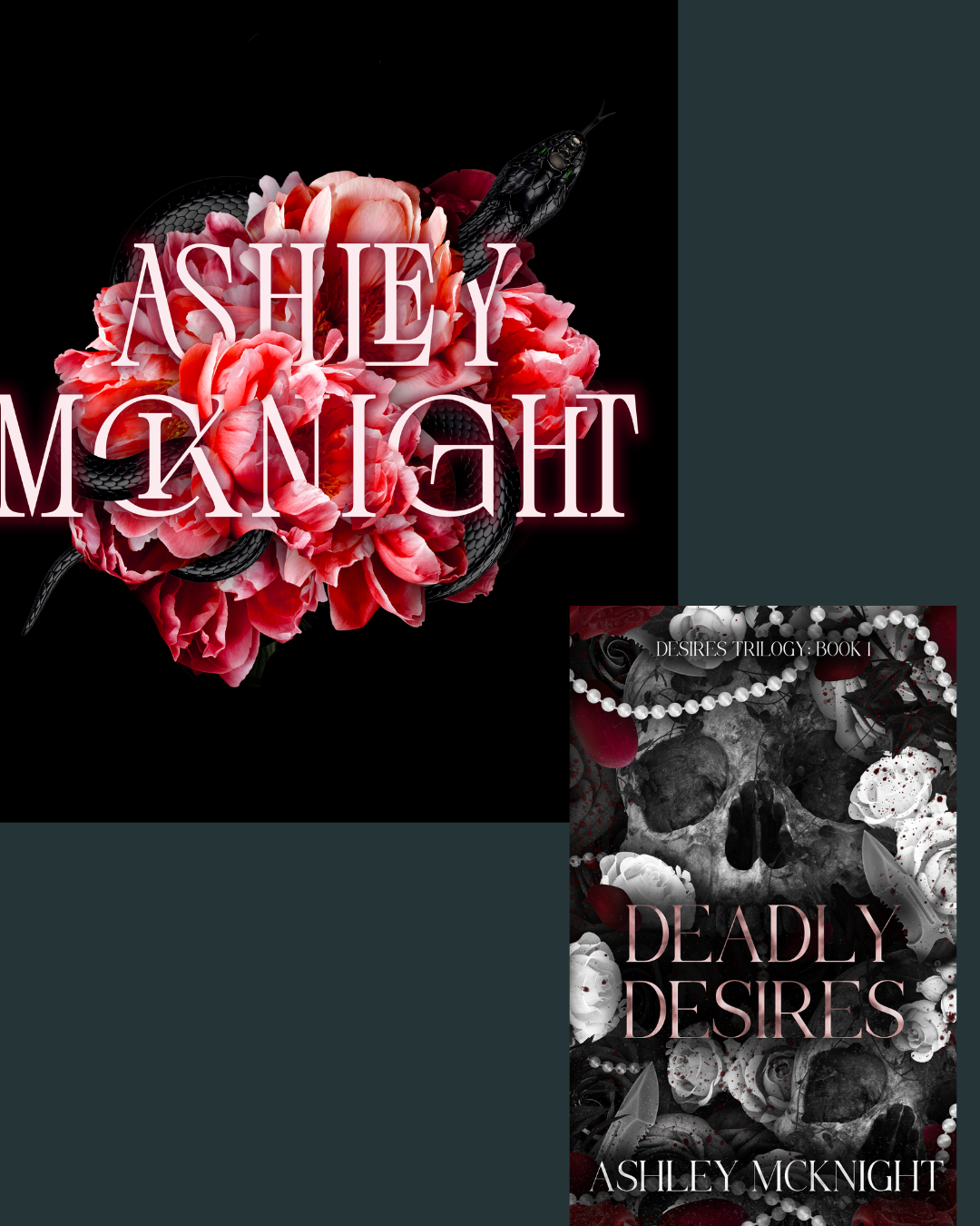 Book cover for 'Deadly Desires' by Ashley McKnight featuring a dark skull with roses, white pearls, and black roses in a monochrome color scheme with red accents.