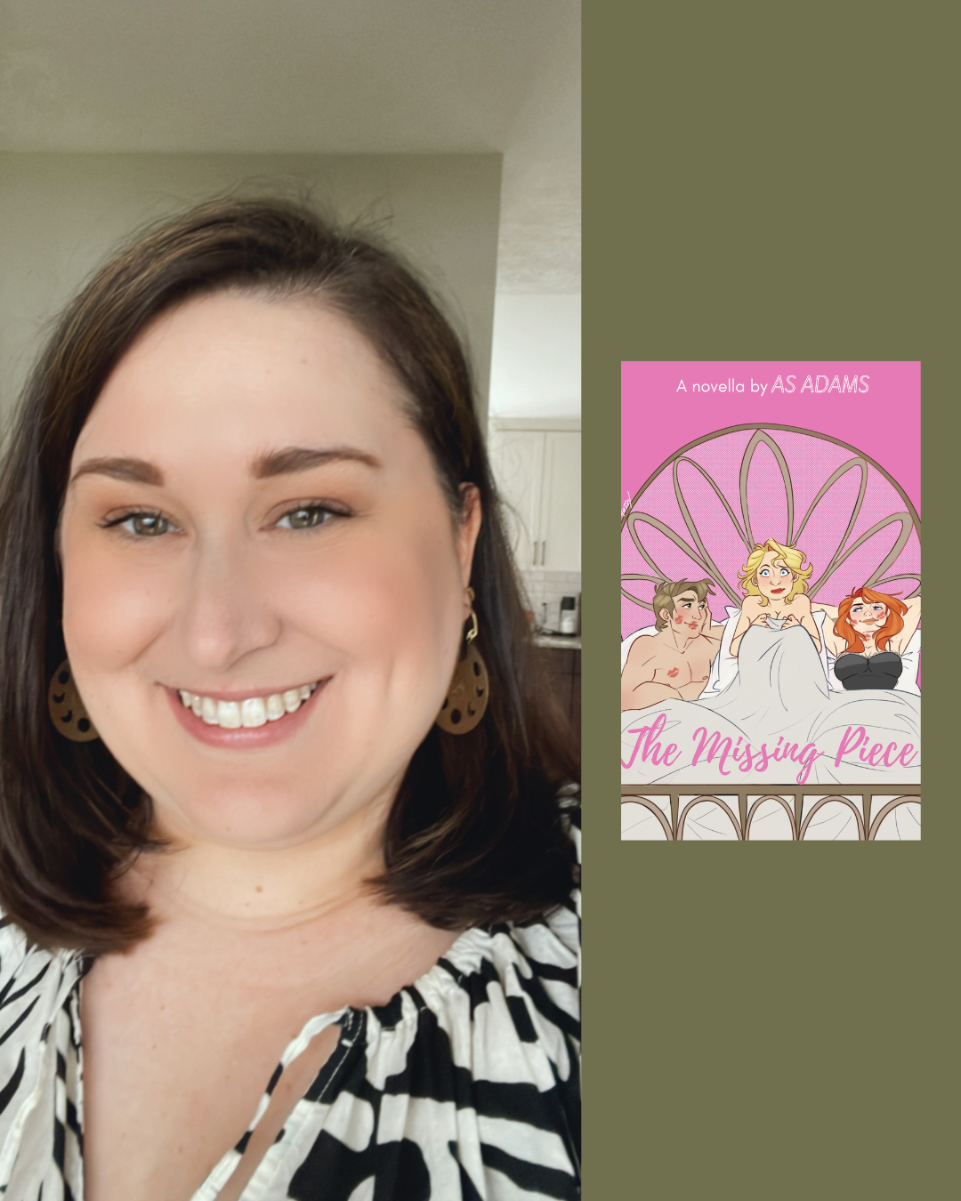 A woman smiling in a close-up photo with a book cover titled 'The Missing Piece' by AS Adams on the right side.