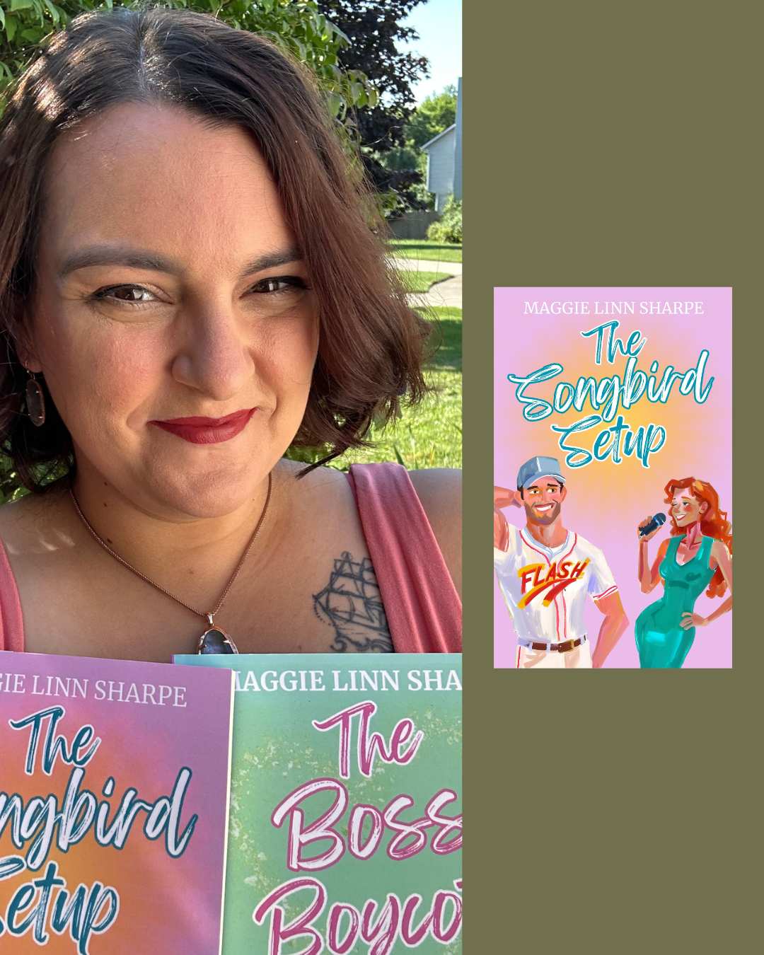 A woman with short brown hair, wearing red lipstick, a pink tank top, and a pendant necklace, smiling outside in a sunny yard holding two books titled 'The Songbird Setup' and 'The Bossy Boycott.'