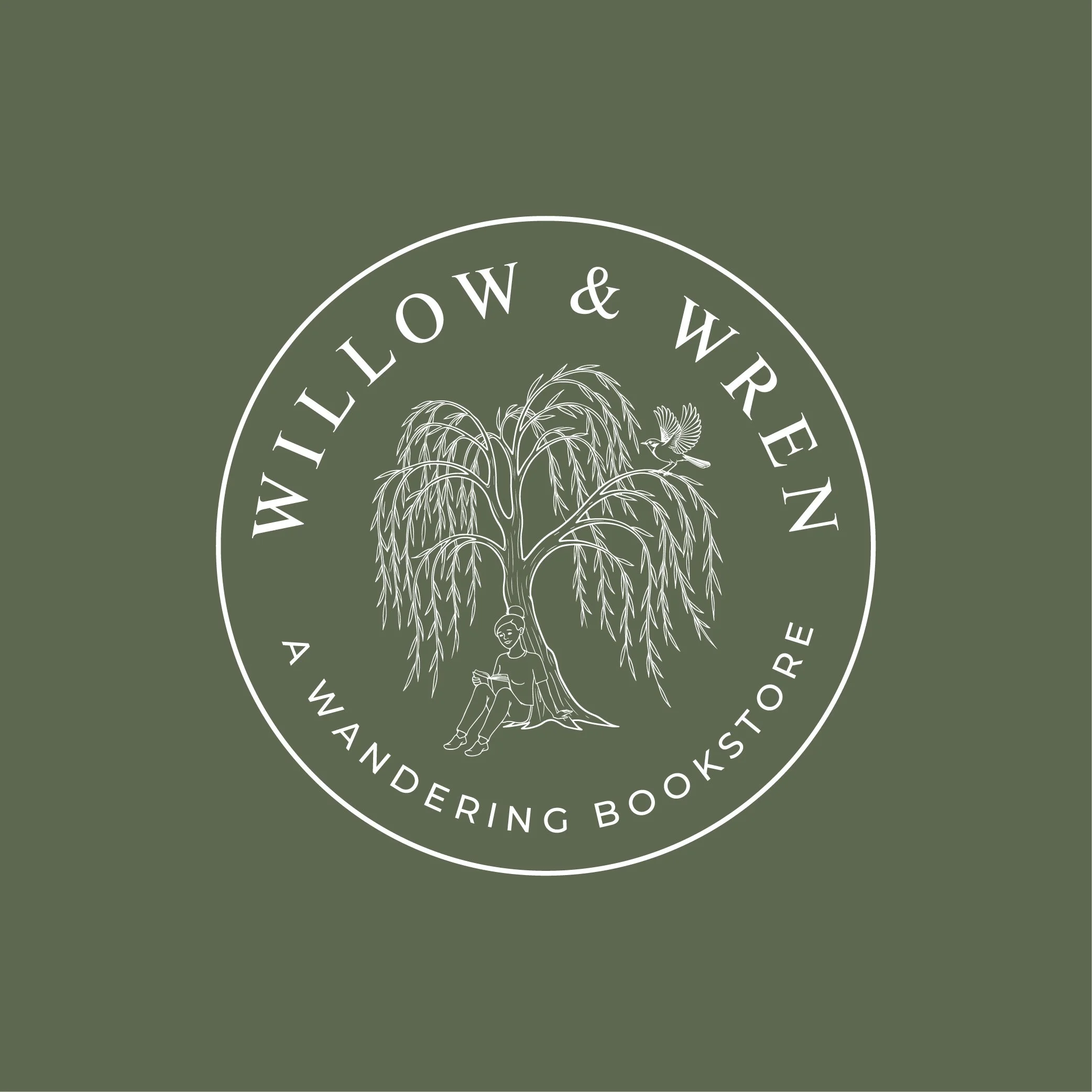 Logo for Willow & Wren, a bookstore. It features a large willow tree with a girl reading underneath, a bird flying near the branches, and the text 'Willow & Wren' and 'A Wandering Bookstore' encircling the illustration. The background is green.