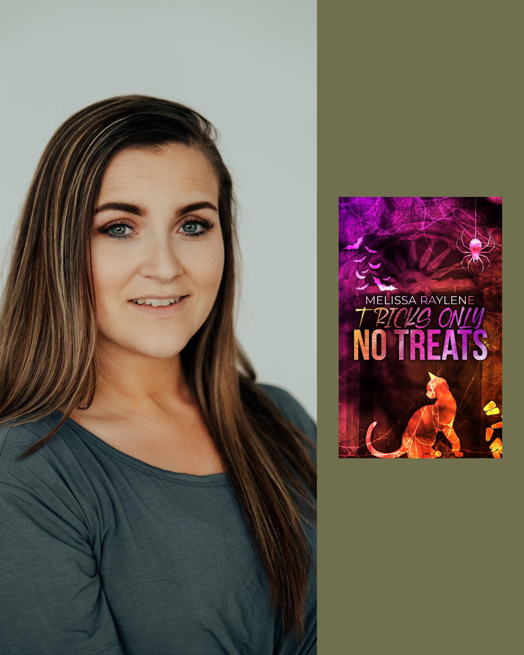 Portrait of a woman with long brown hair and blue eyes, smiling, next to a book cover titled '7 Tricks Only No Treats' by Melissa Raylene, featuring Halloween-themed artwork with purple, orange, and pink colors, a spider, a skull, a fairy-tale castle, bats, a cat, and a witch's hat.