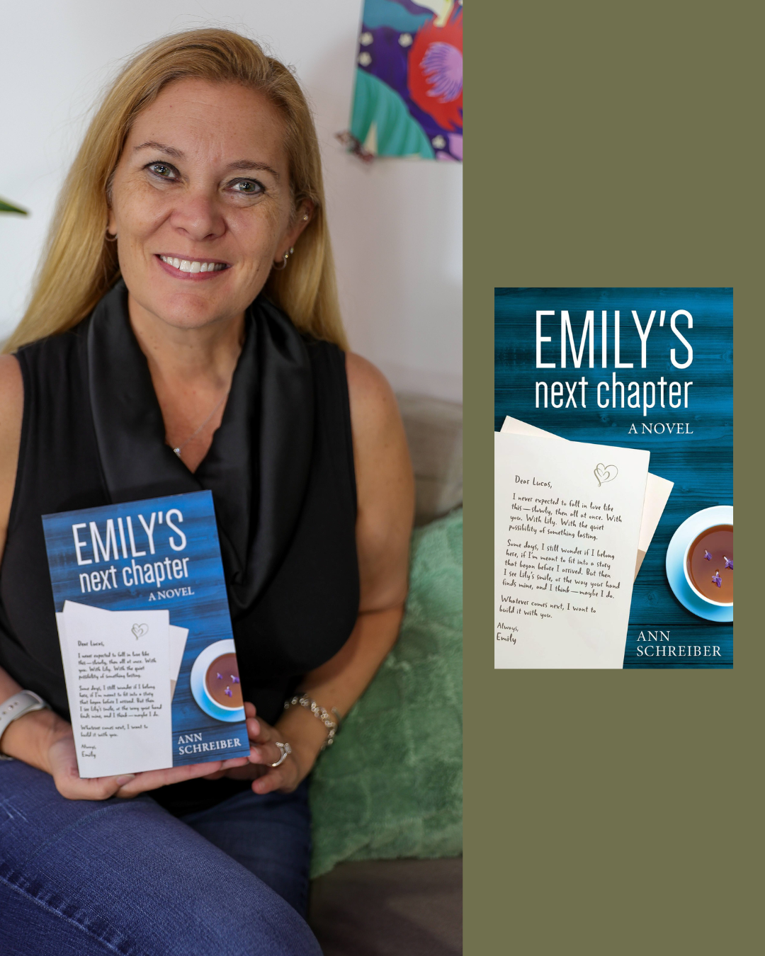 A woman with long blonde hair, wearing a black sleeveless top, is smiling and holding a book titled 'Emily's Next Chapter' by Ann Schreiber. She is sitting on a couch with a green pillow and colorful artwork in the background.