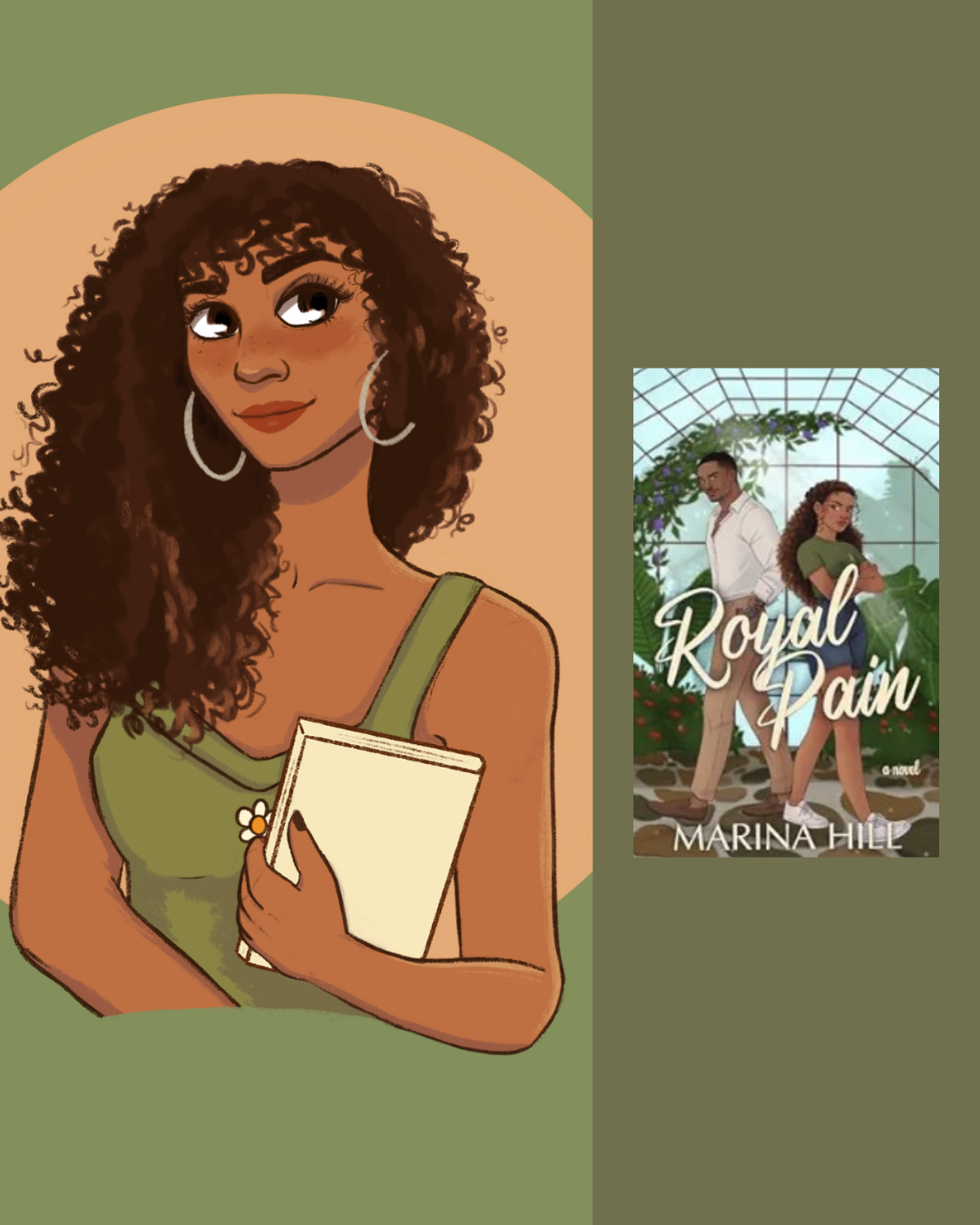 Illustration of a woman with curly brown hair, wearing hoop earrings and a green top, holding a book, with the cover of a book titled 'Royal Rain' by Marina Hill showing two people standing in a greenhouse.