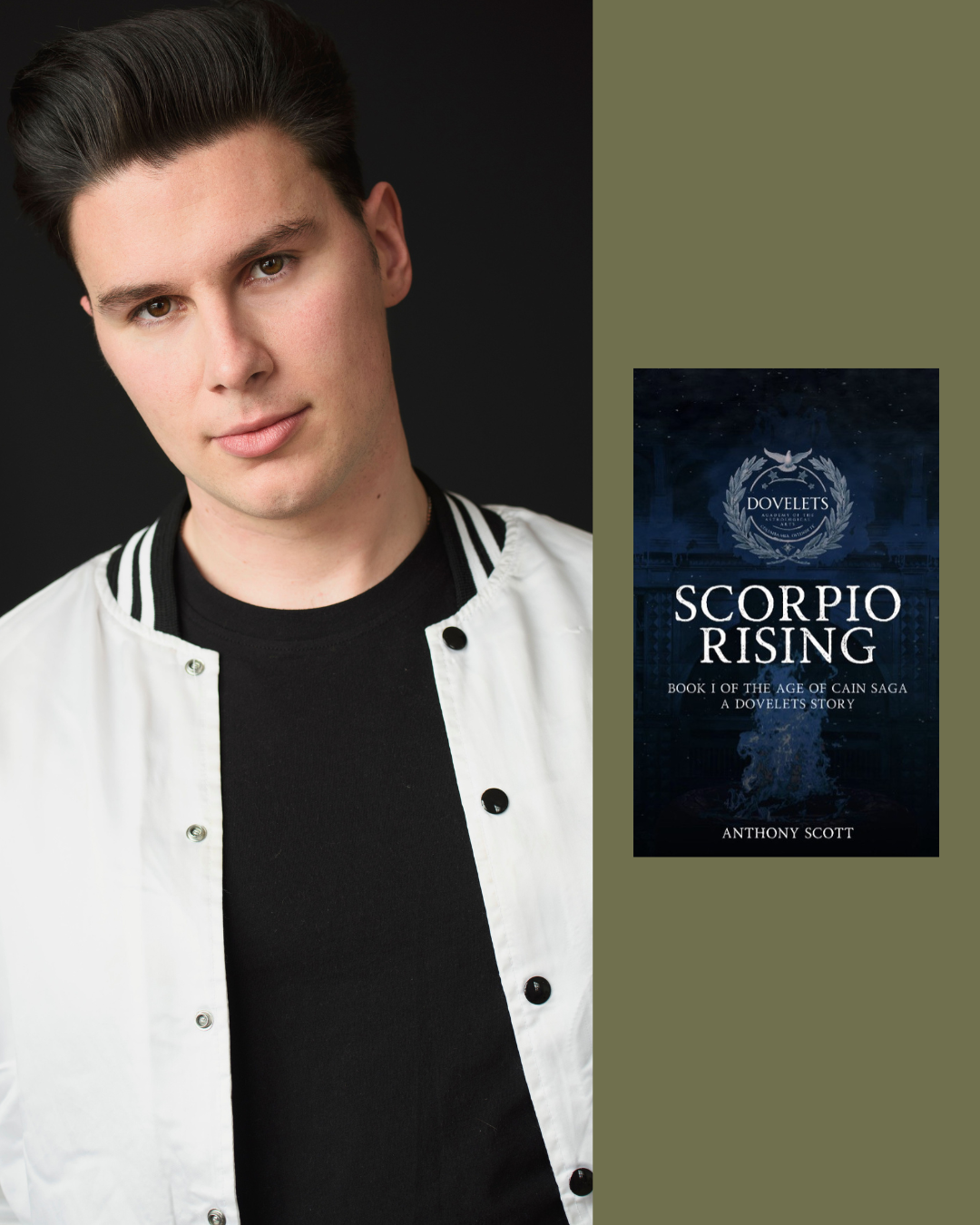 A portrait of a young man with dark hair and light skin, wearing a white jacket over a black shirt, against a dark background. To the right, there is a book cover titled 'Scorpio Rising' by Anthony Scott, featuring a dark blue design with a laurel wreath and eagle emblem.