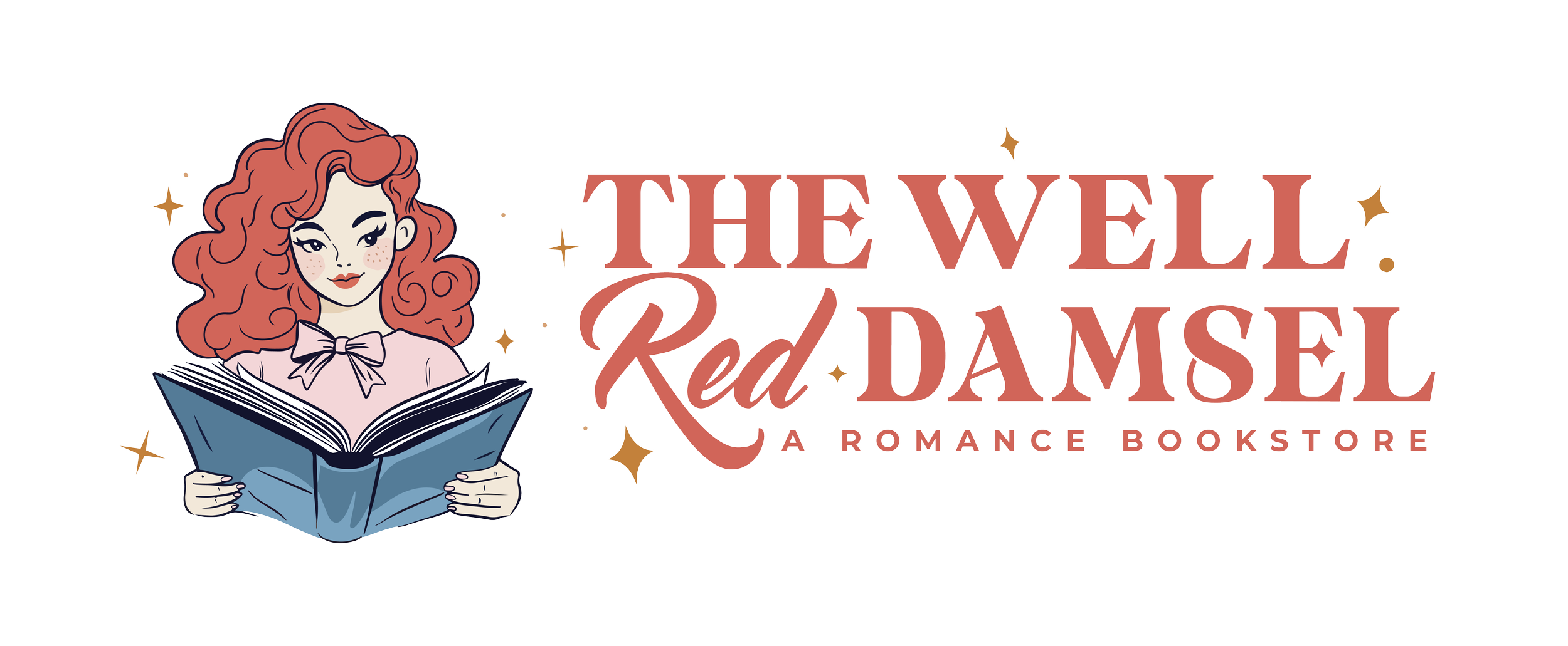Logo for The Well Red Damsel, a romance bookstore, featuring a cartoon woman with curly red hair holding a book.