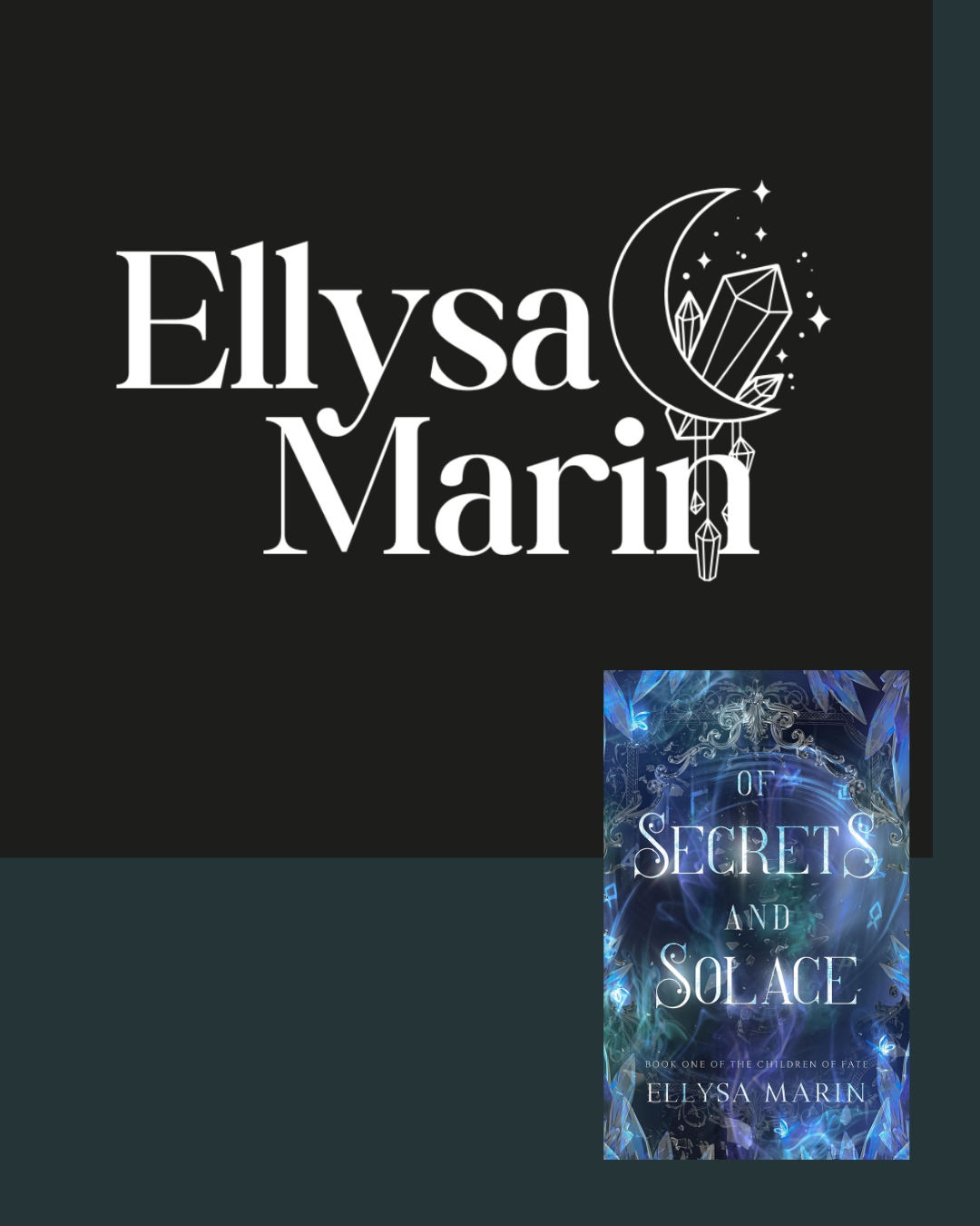 Book cover titled 'Of Secrets and Solace' by Ellysa Marin with a fantasy-themed blue and black artistic design.