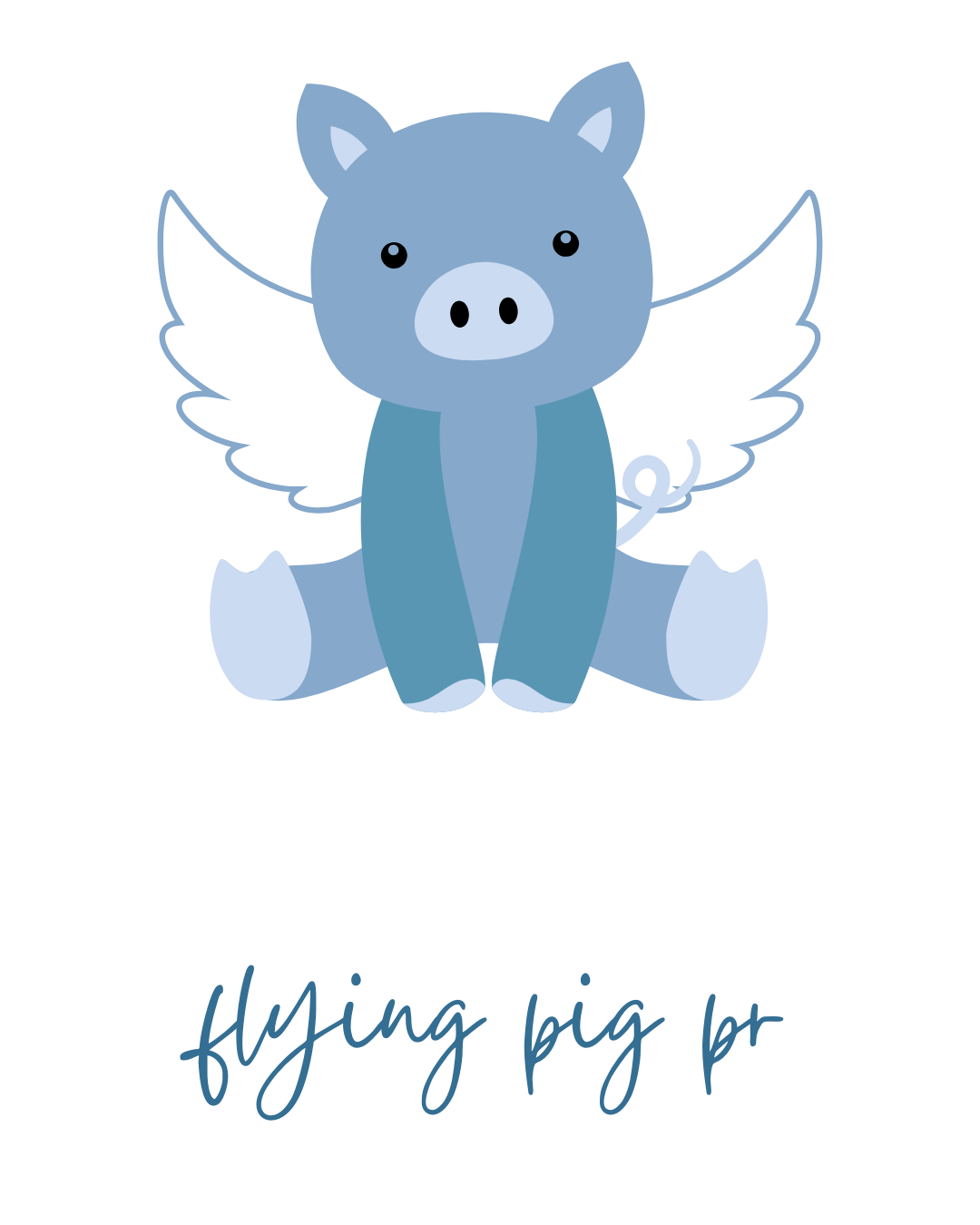 A cartoon blue pig with white wings and a curly tail, sitting on its hind legs. Below, the words "flying pig pr" are written in blue cursive font.