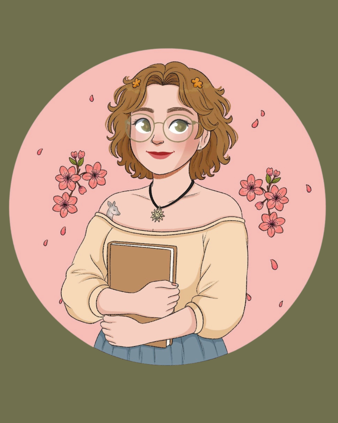 Digital illustration of a young woman with curly brown hair, glasses, and a gentle smile, holding a book. She is wearing a beige off-shoulder top, a black necklace, and has a small silver rabbit pin on her shoulder. Pink flowers and petals are in the background, with a pink circle behind her and an olive green border.