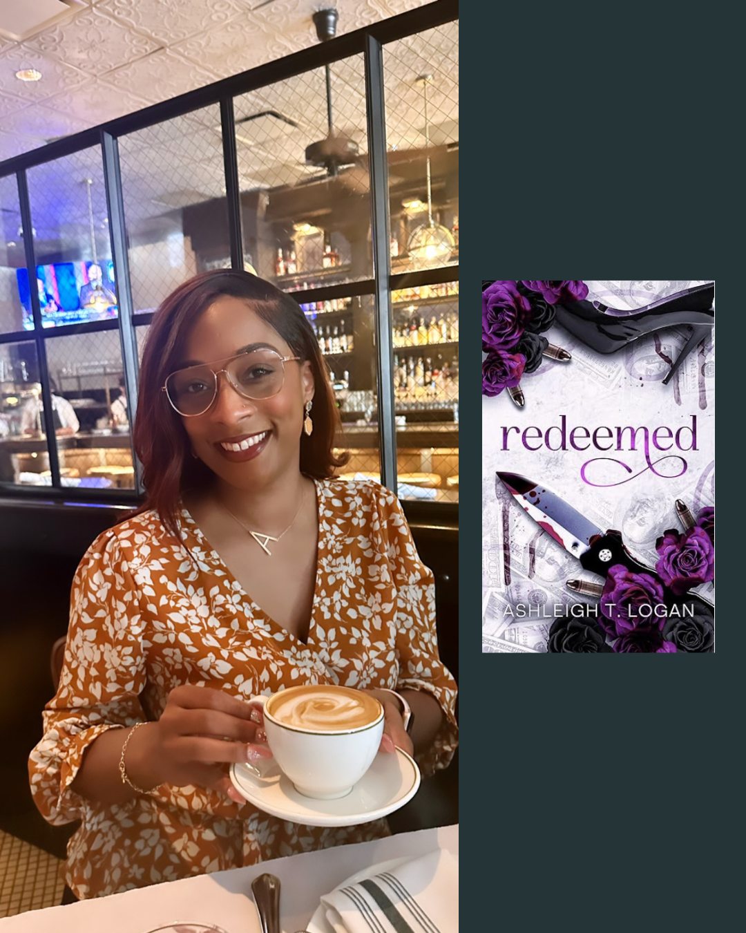 A woman with shoulder-length hair, wearing glasses, a floral dress, and jewelry, sitting in a cafe or restaurant, holding a cup of coffee with latte art. The background shows a bar area with bottles and a TV.